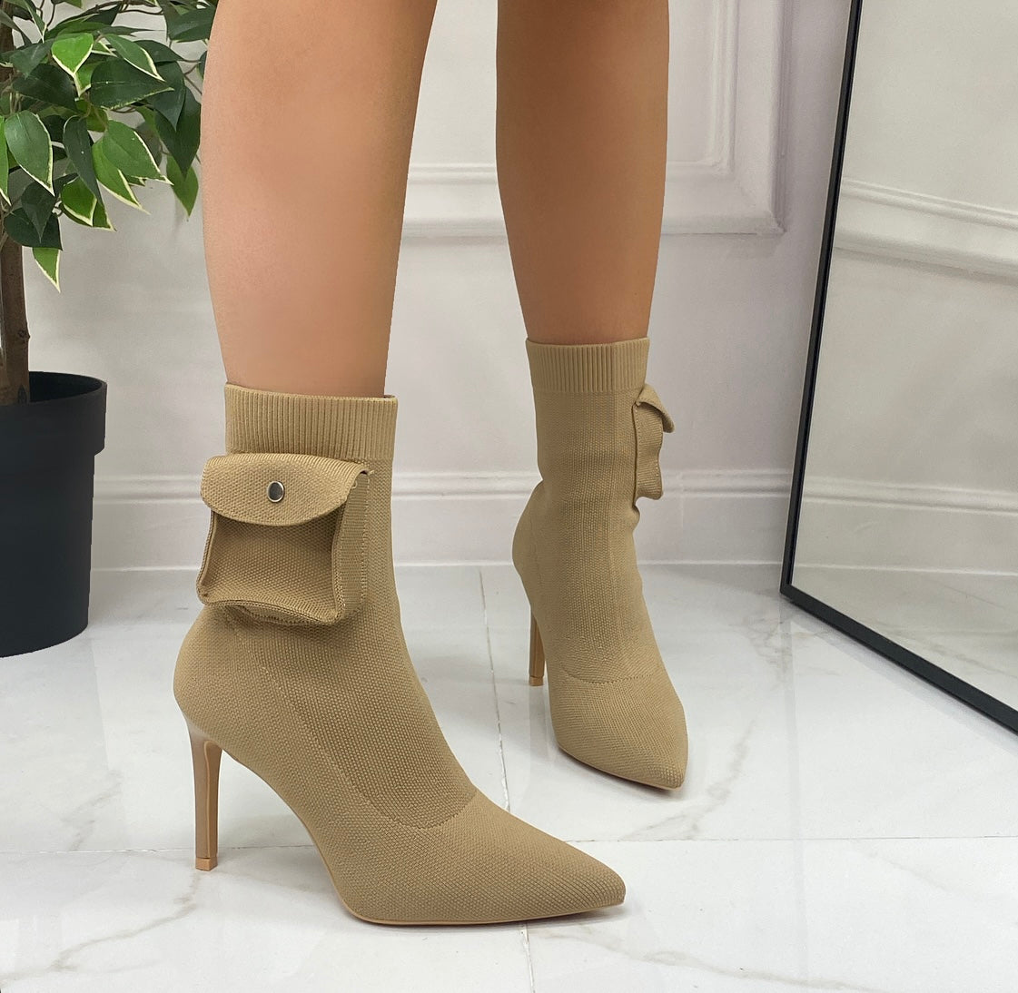 Gloria - Stivaletto Donna Punta Tacco Alto Khaki