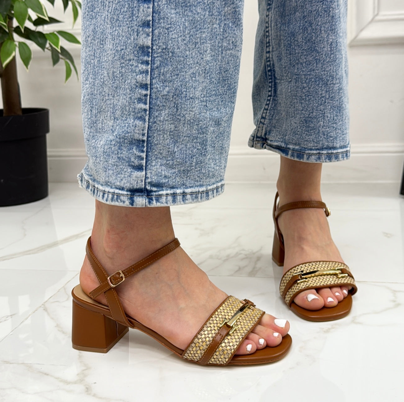 Mabel - Scarpa Donna Sandalo Tacco Quadrato Cuoio