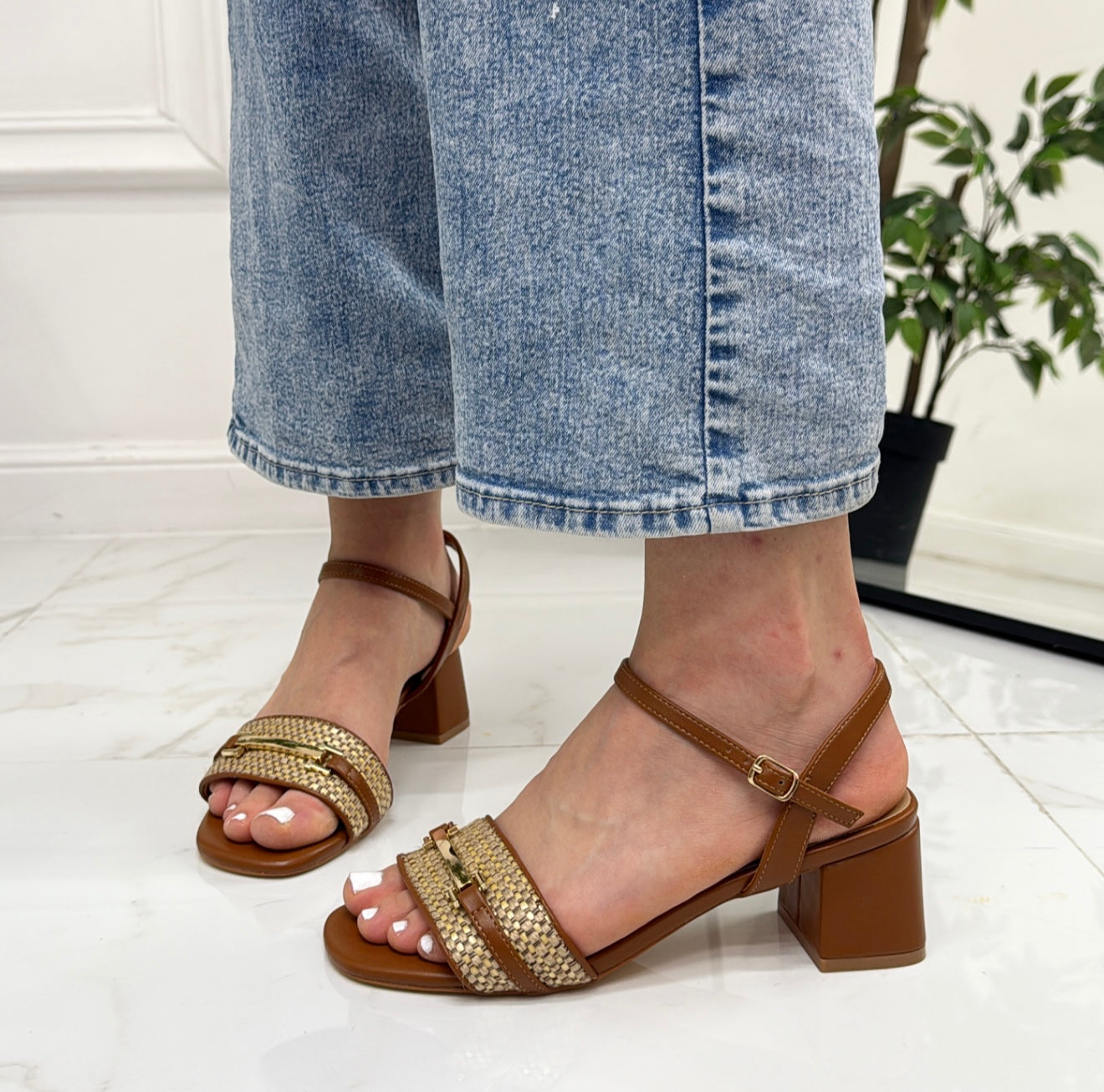 Mabel - Scarpa Donna Sandalo Tacco Quadrato Cuoio