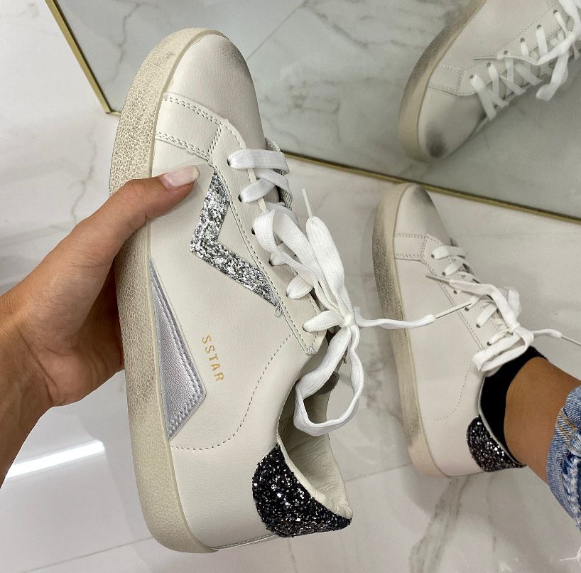 Stella - Sneakers Donna Scarpe Casual Comode Strass Bianca Argento