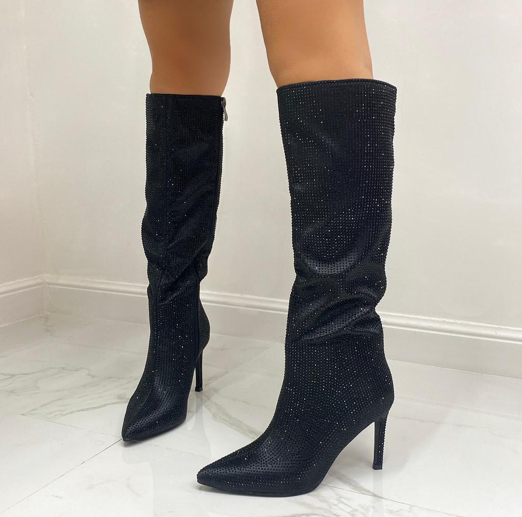 Glamour Stivali Donna Alto Tacco Spillo Punta Strass Nero