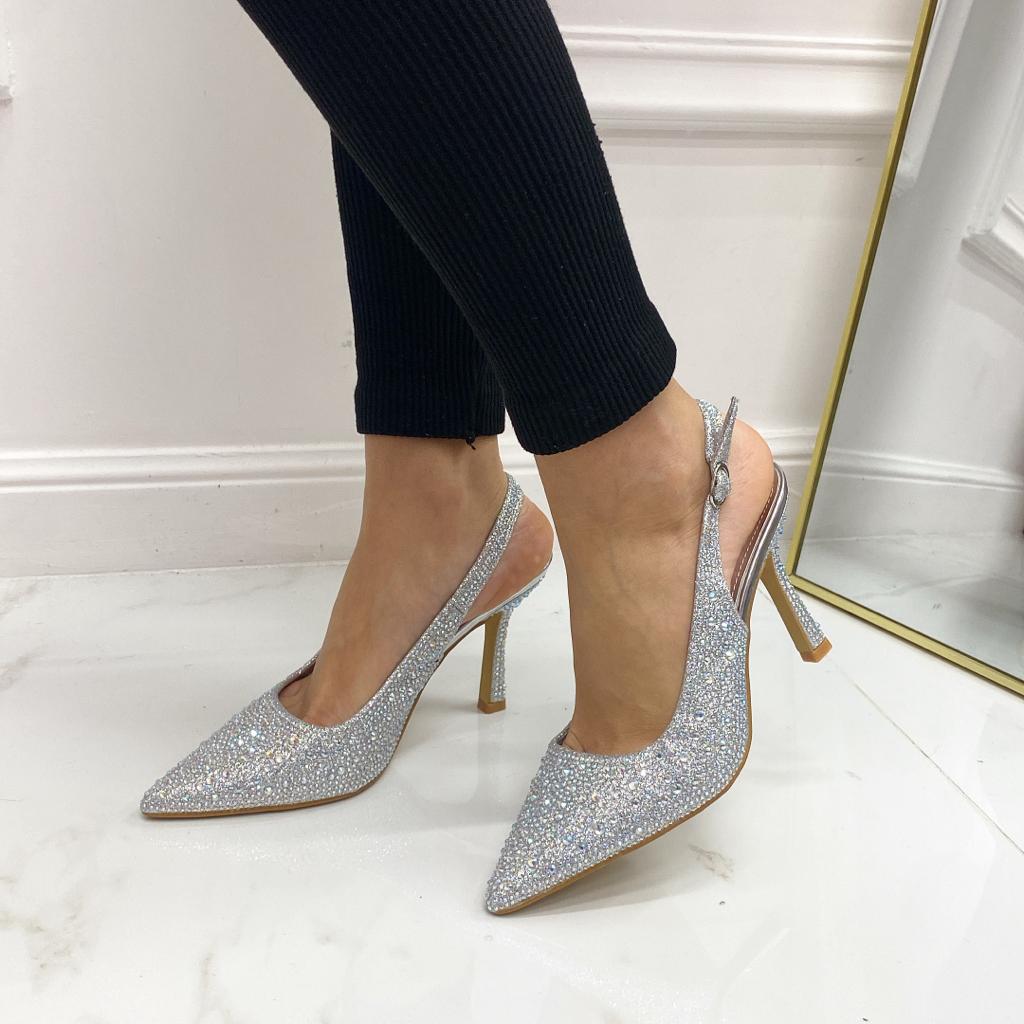 Diamante Décolleté Donna Tacco Punta Strass Argento