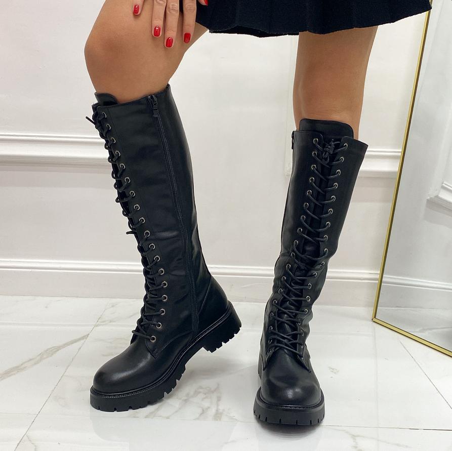 Miley- Stivali Anfibi Donna Lacci Casual Comodo Nero