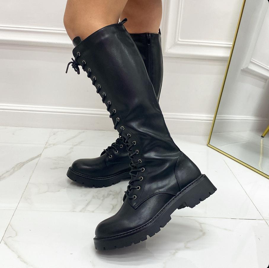 Miley- Stivali Anfibi Donna Lacci Casual Comodo Nero