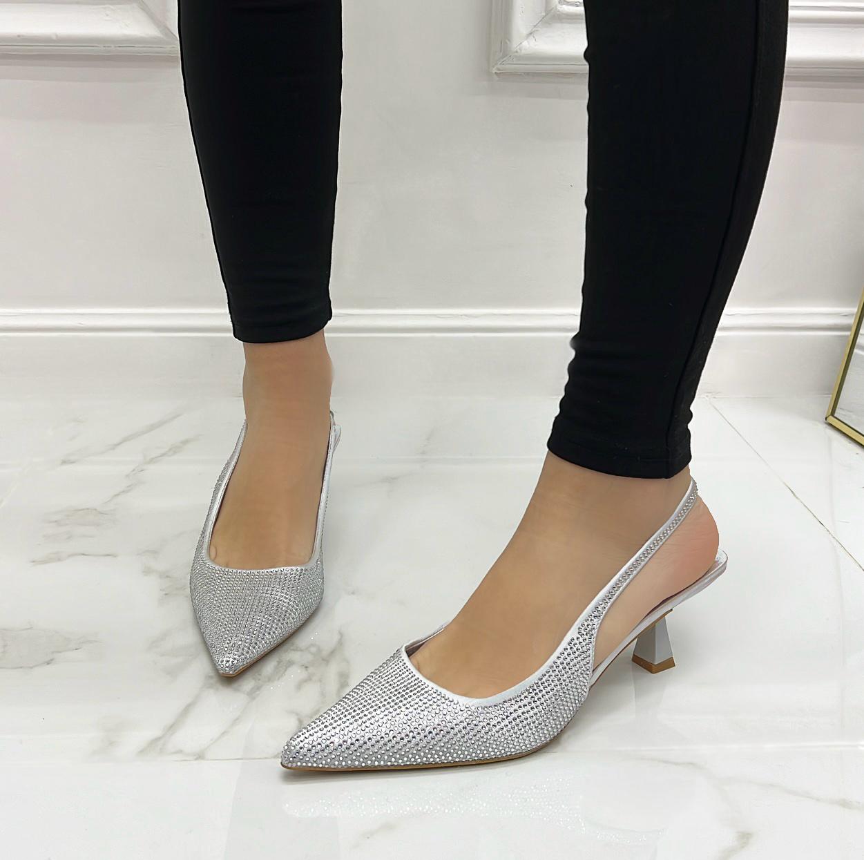 Tyla - Decolleté Donna Scarpe Tacco Punta Casual Elegante Strass Argento