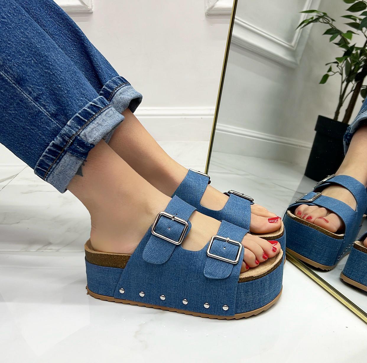Lierin - Sandalo Donna Casual Comodo Fibbie Jeans Blu