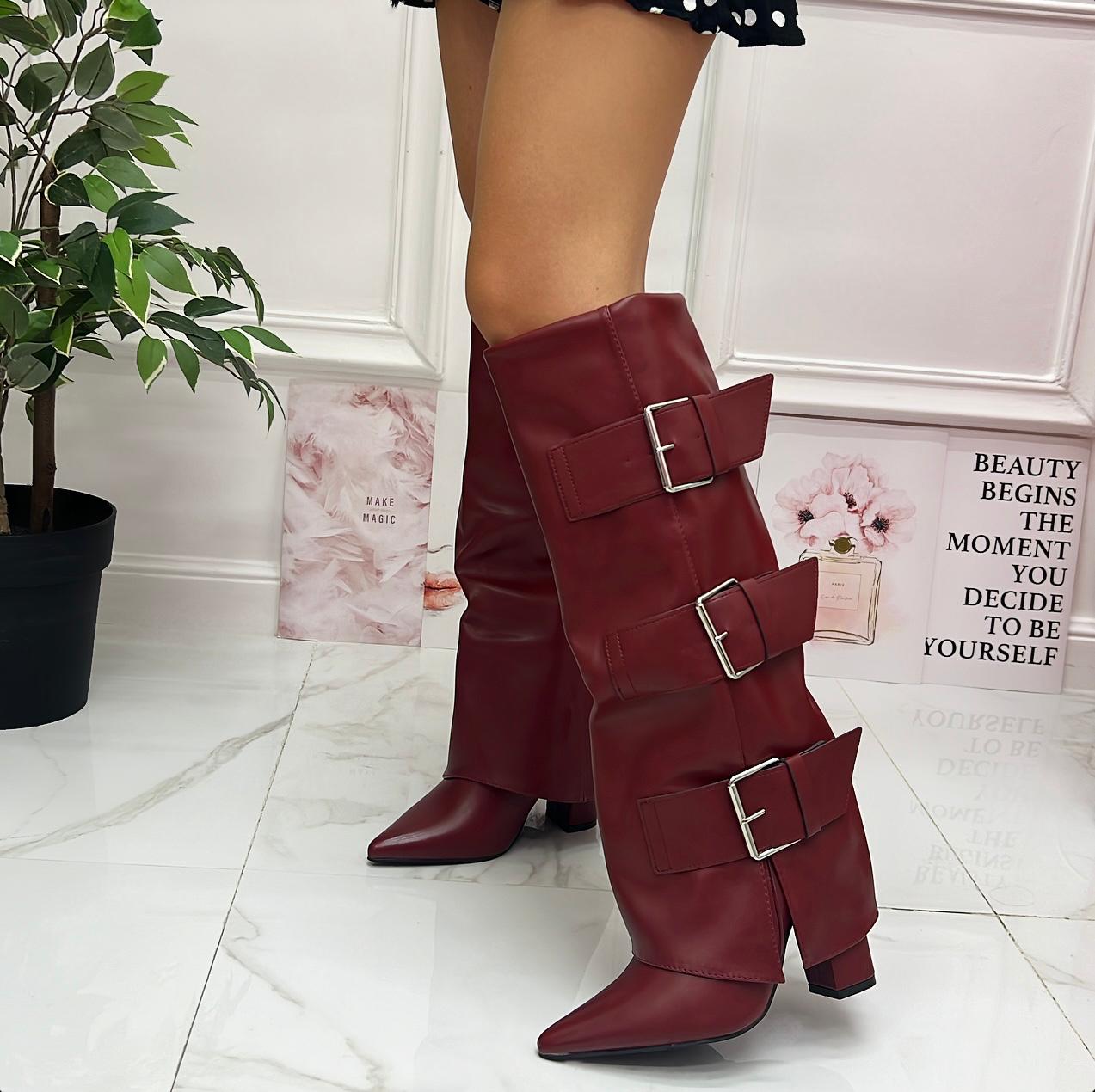 Altea - Stivale Donna Scarpa Punta Tacco Quadrato Fibbie Bordeaux