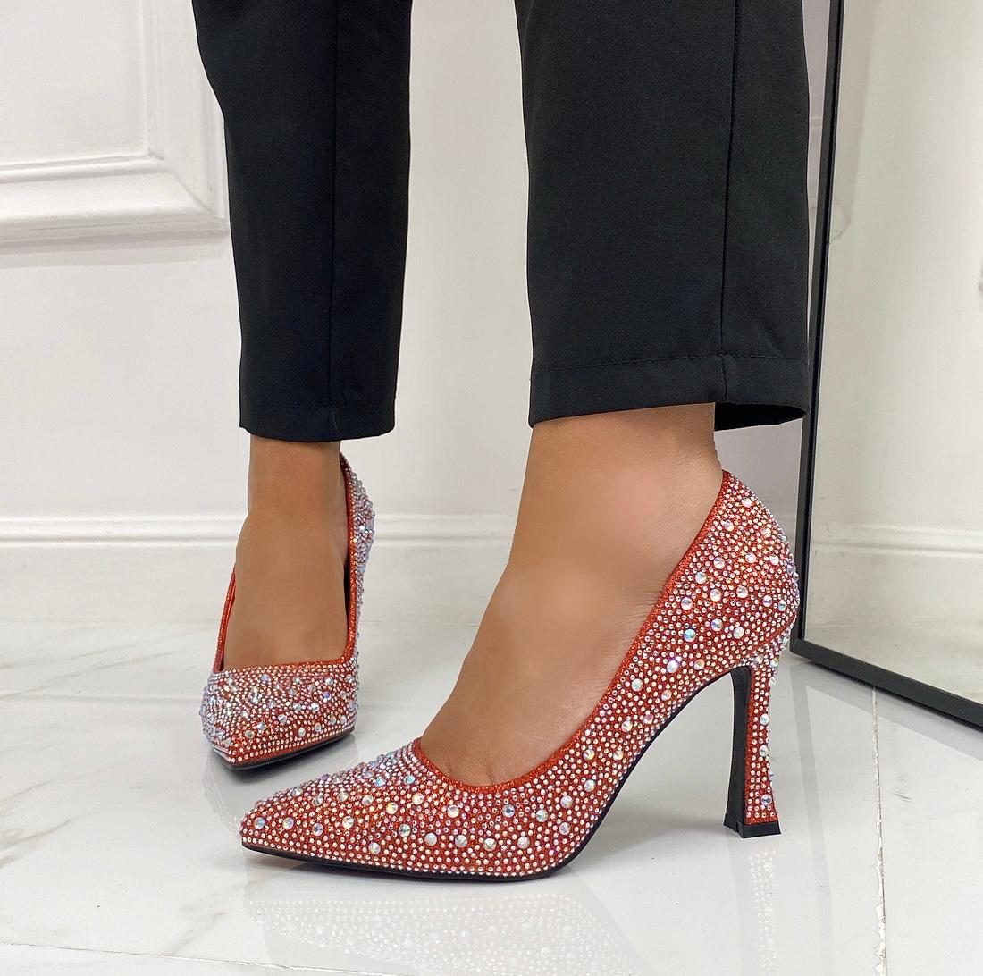 Natalie -  Scarpe Décolleté Strass Elegante Tacco Rosso