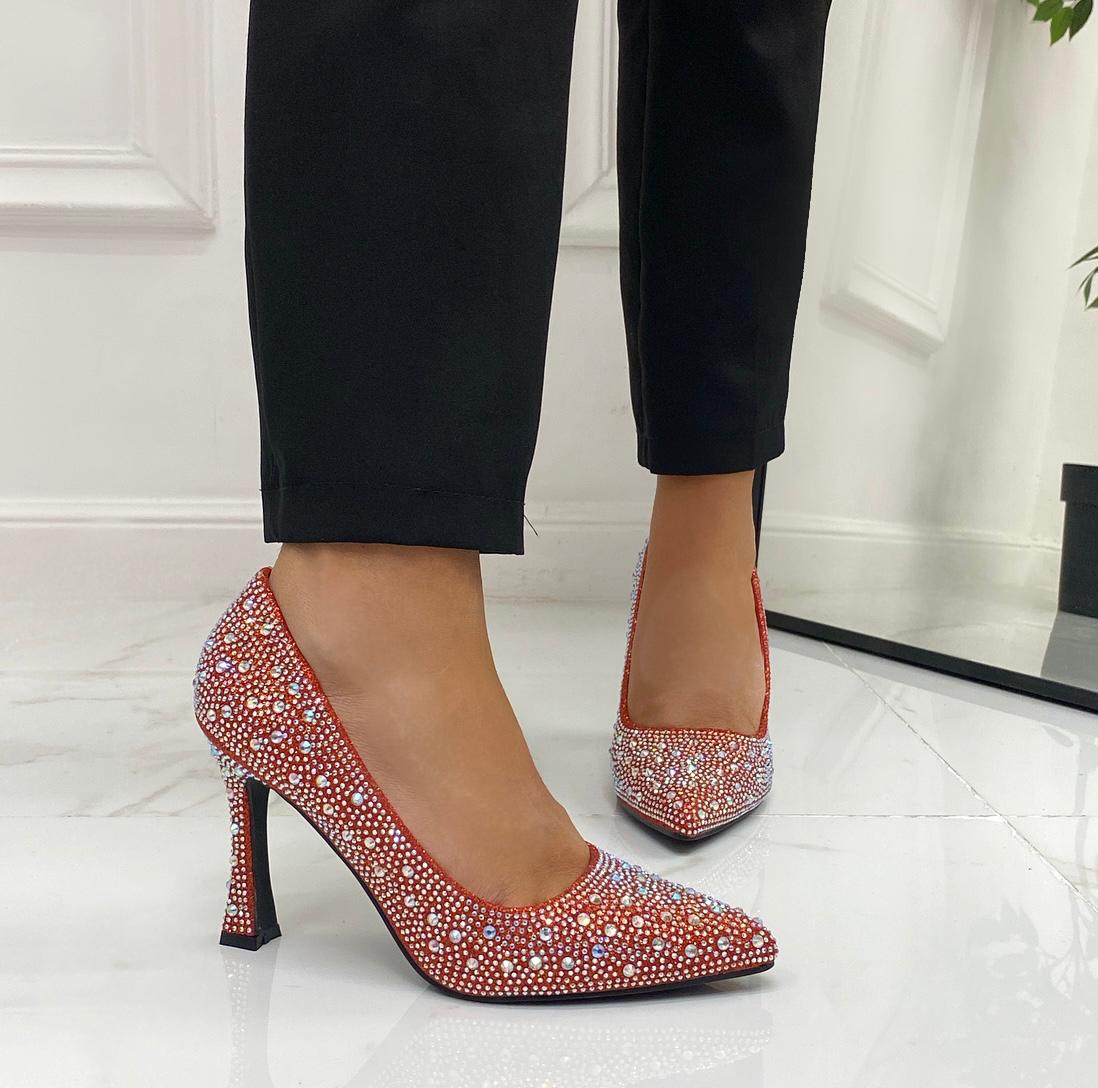 Natalie -  Scarpe Décolleté Strass Elegante Tacco Rosso