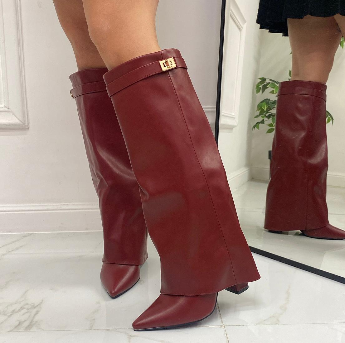 Siria - Stivale Donna Scarpa Punta Tacco Quadrato Bordeaux