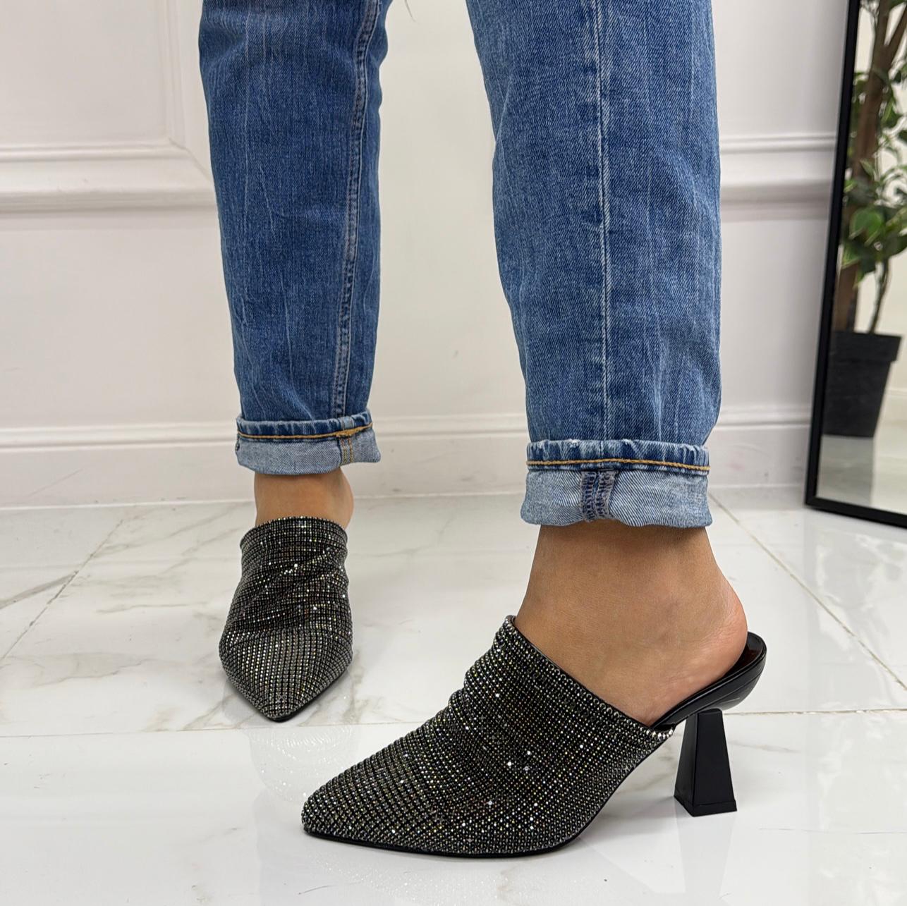 Gemma - Décolleté Donna Tacco Spillo Punta Strass Nero