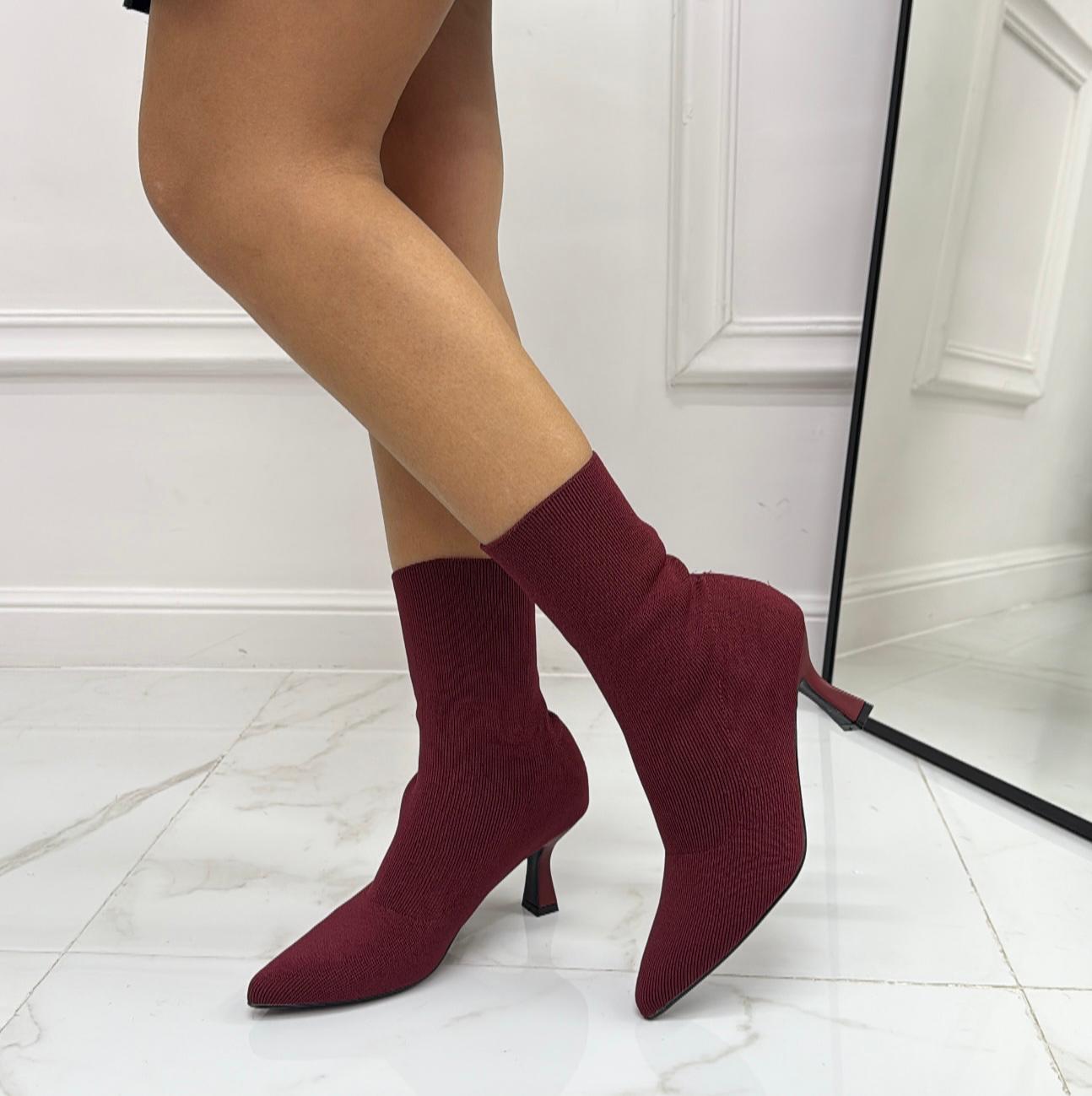 Nathy - Stivaletto Donna Calzino Tacco A Clessidra Punta Comodo Bordeaux