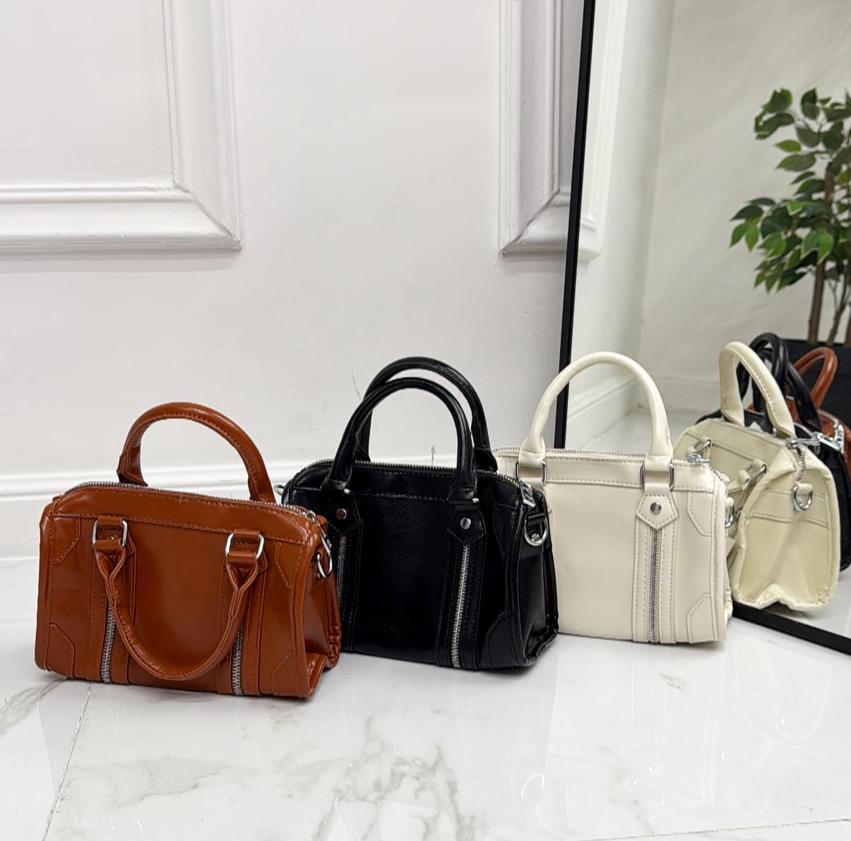 Siviglia - Borsa Donna Pochette Manico Cerniera Nero, Bianco e Cuoio