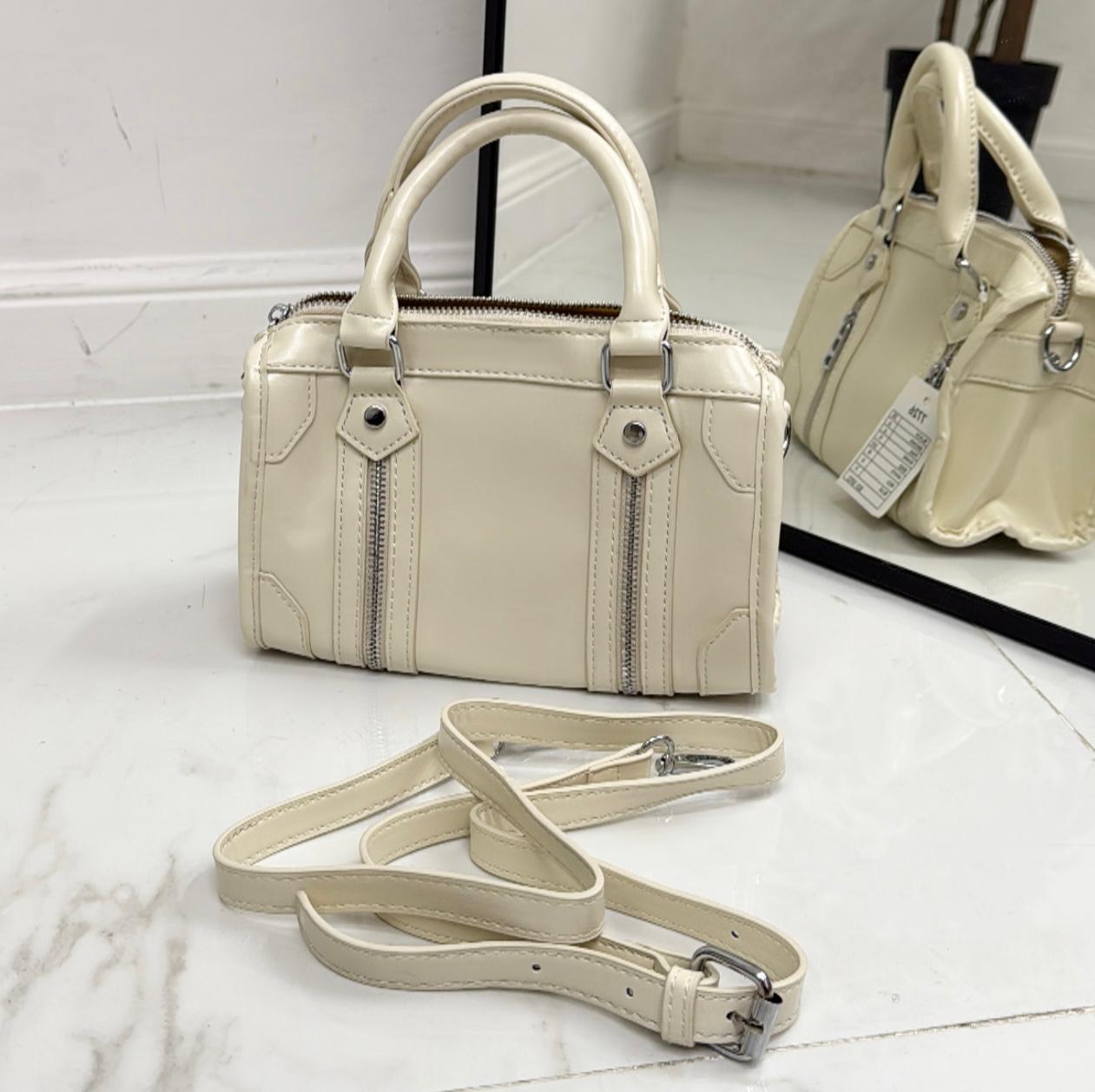 Siviglia - Borsa Donna Pochette Manico Cerniera Nero, Bianco e Cuoio