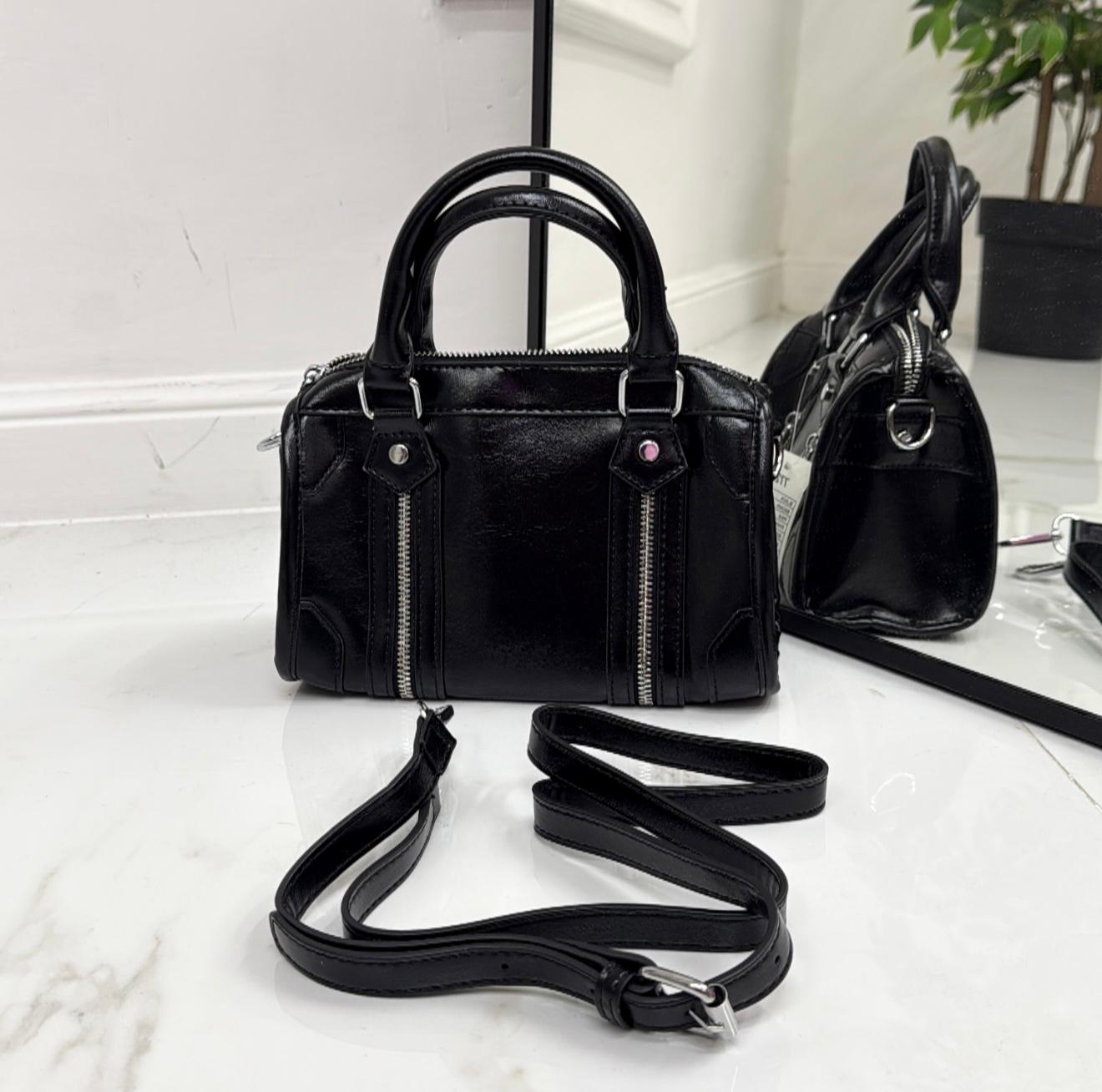 Siviglia - Borsa Donna Pochette Manico Cerniera Nero, Bianco e Cuoio