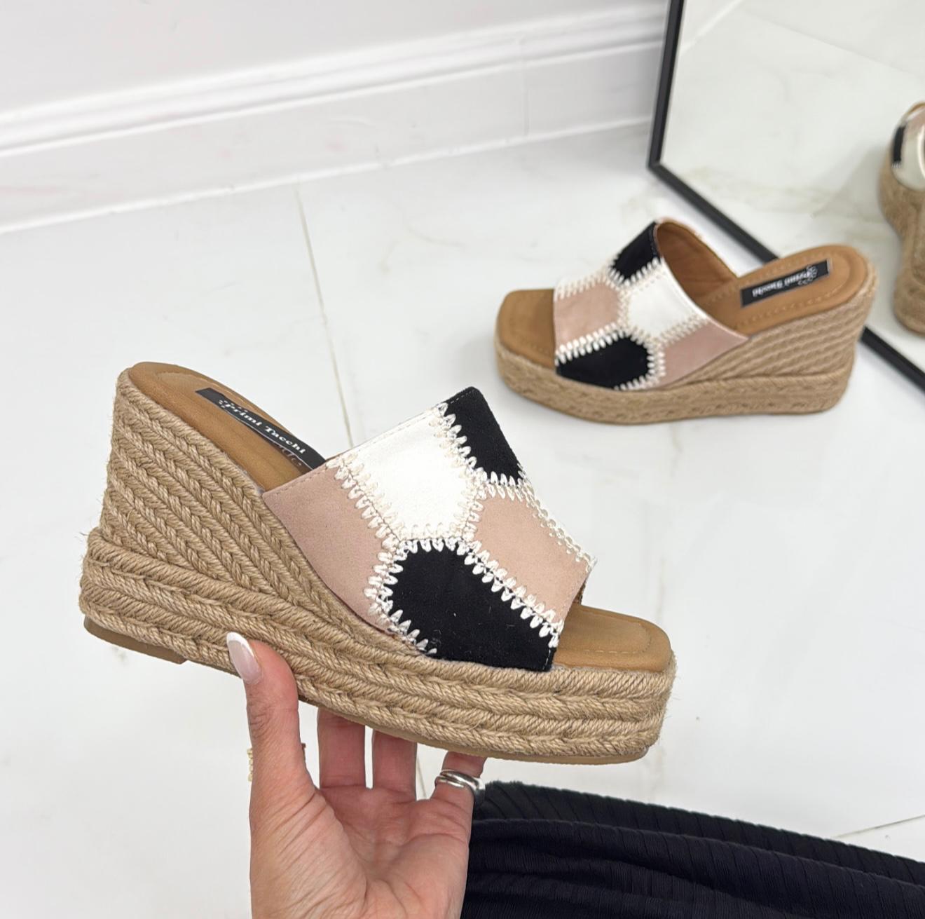 Kamy - Sandalo Donna Scarpa Espadrillas Zeppa Alta Rosa Bianco Nero