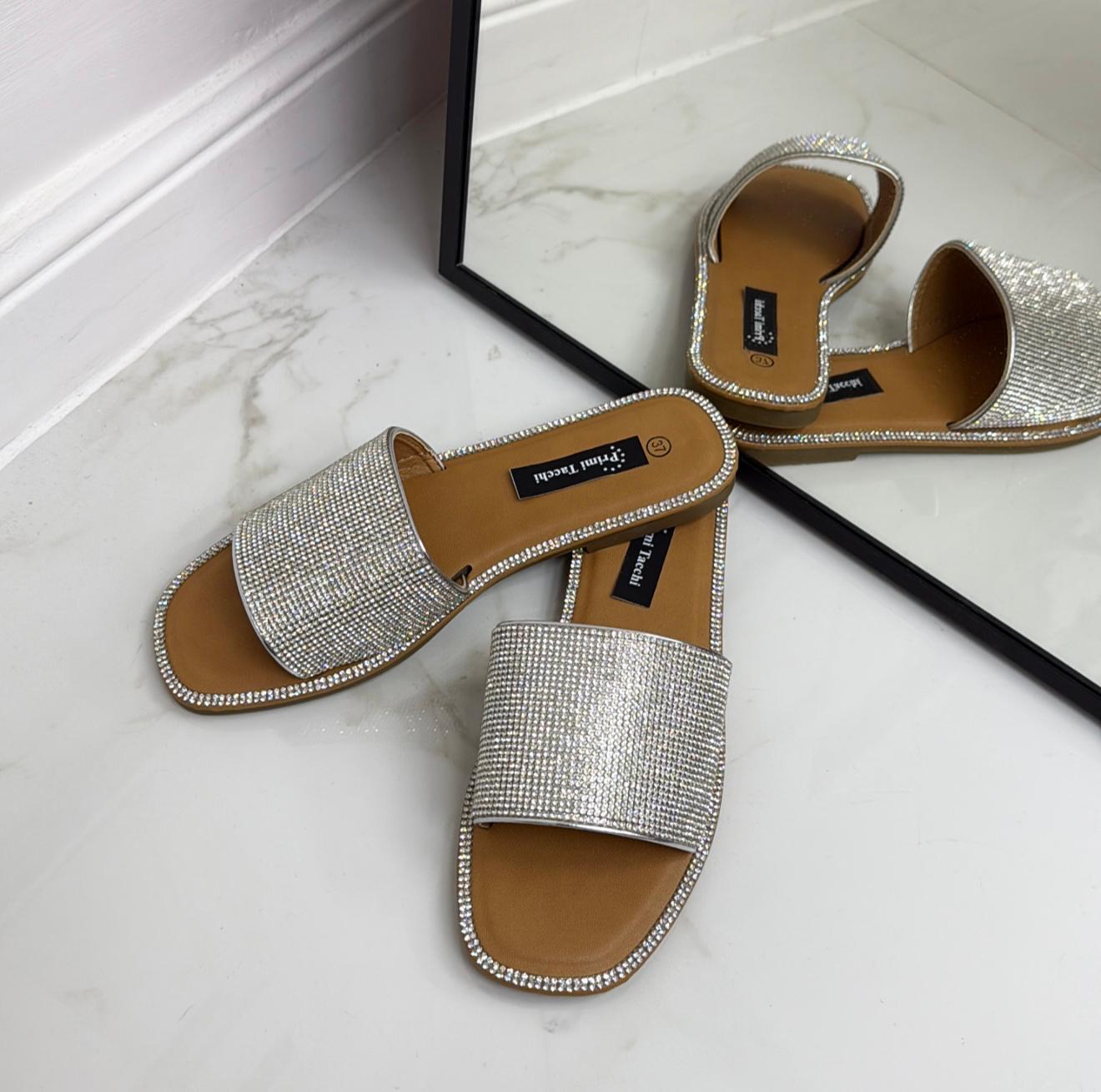 Manon - Sandalo Ciabatta Basso Strass Argento