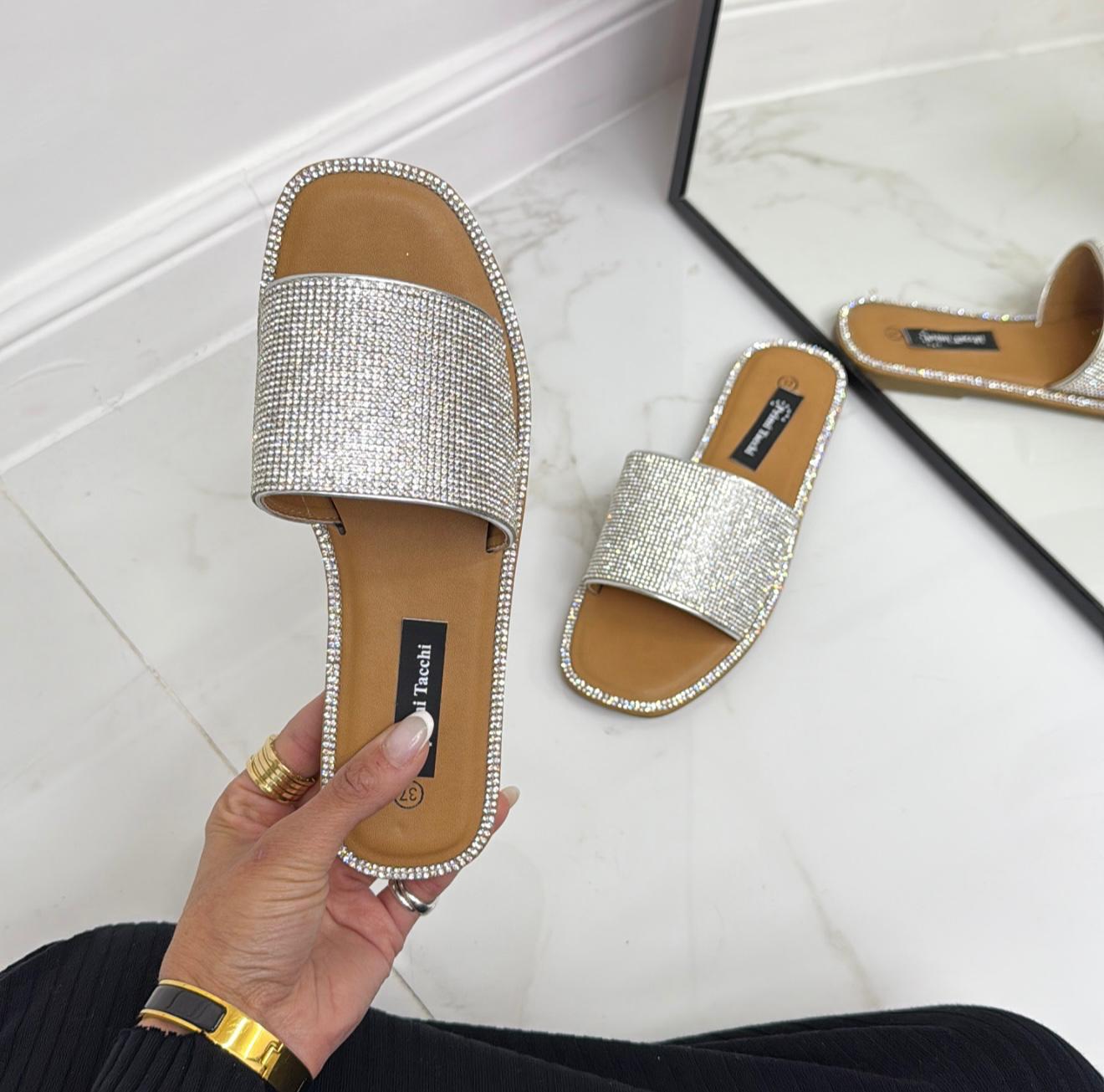 Manon - Sandalo Ciabatta Basso Strass Argento