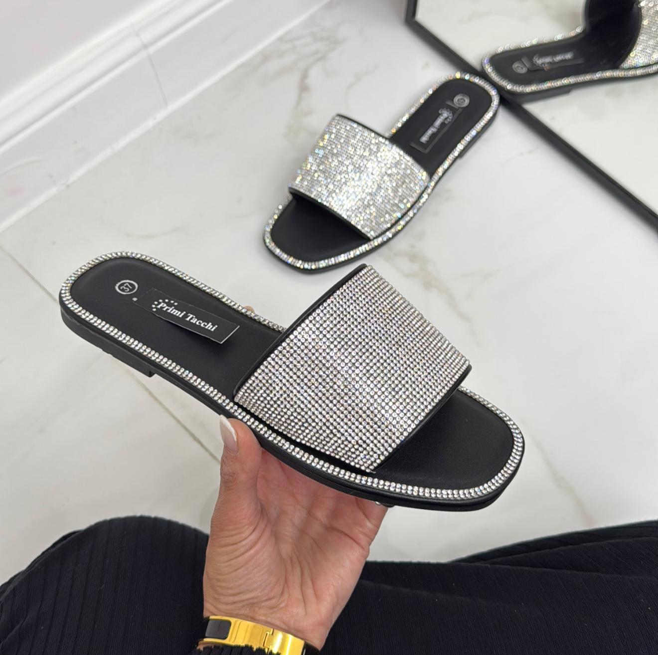 Manon - Sandalo Ciabatta Basso Strass Nero