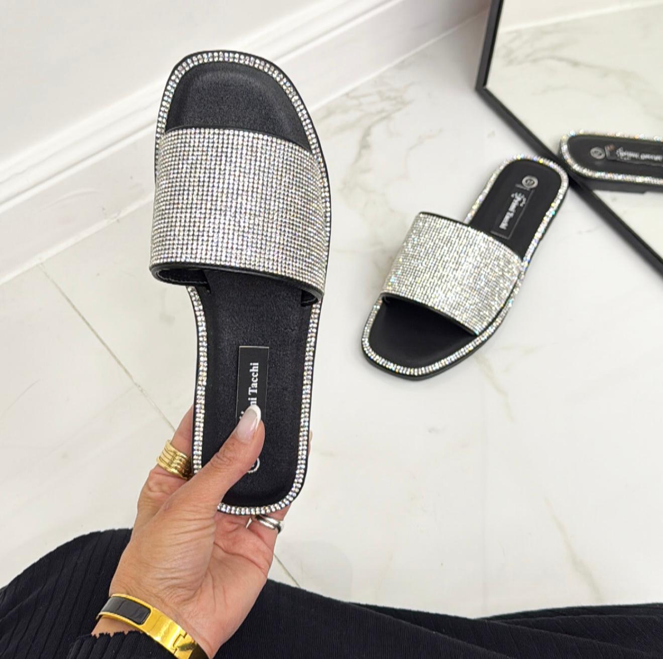 Manon - Sandalo Ciabatta Basso Strass Nero
