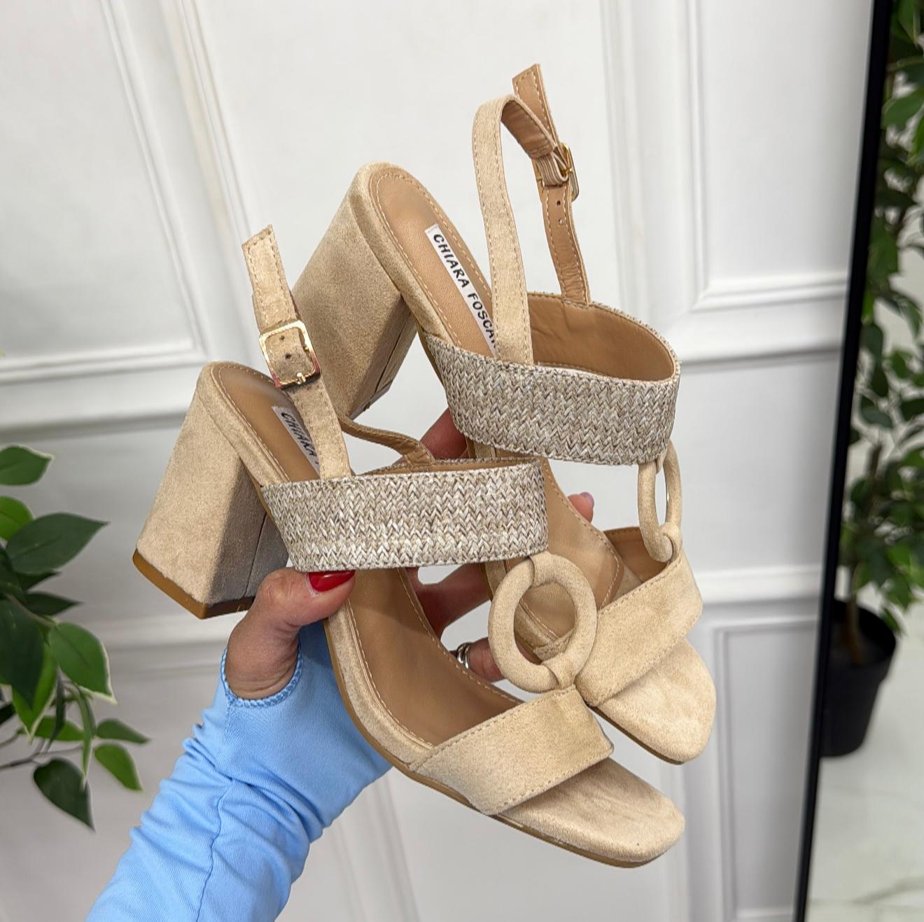Loney - Sandalo Donna Scarpe Tacco Punta Quadrata Beige
