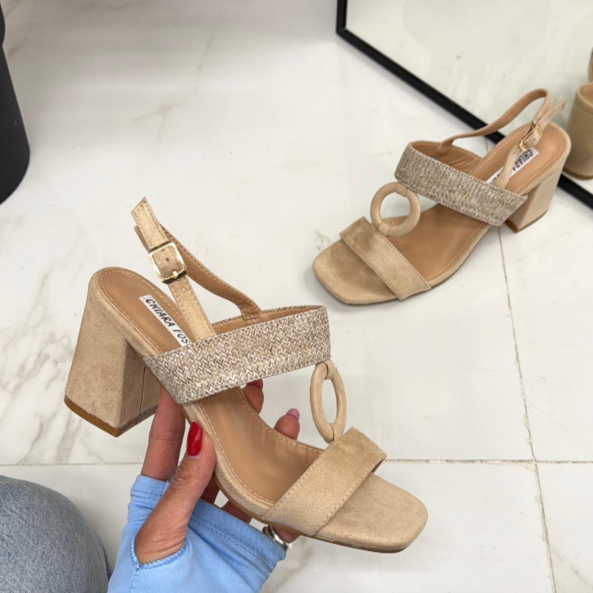 Loney - Sandalo Donna Scarpe Tacco Punta Quadrata Beige