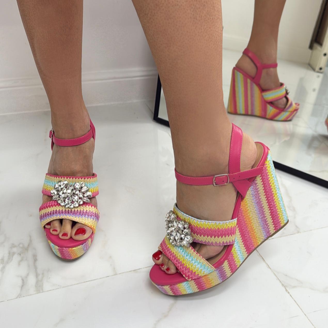 Silvy - Sandalo Donna Scarpe Zeppa Alta Multicolor Fuxia