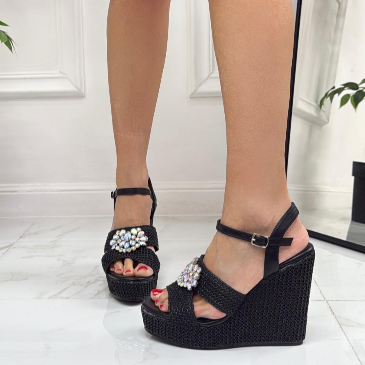Silvy - Sandalo Donna Scarpe Zeppa Alta Nera