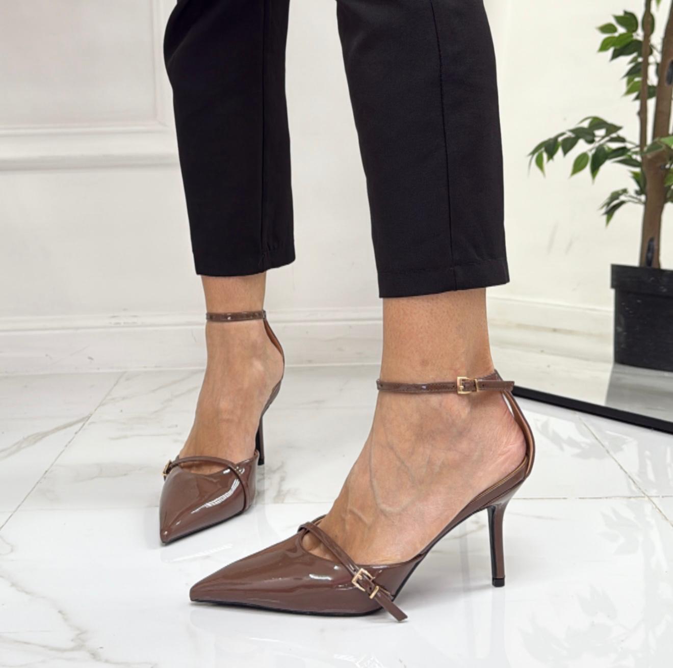 Penelope - Décolleté Donna Cinturino Tacco Spillo Basso Elegante Marrone