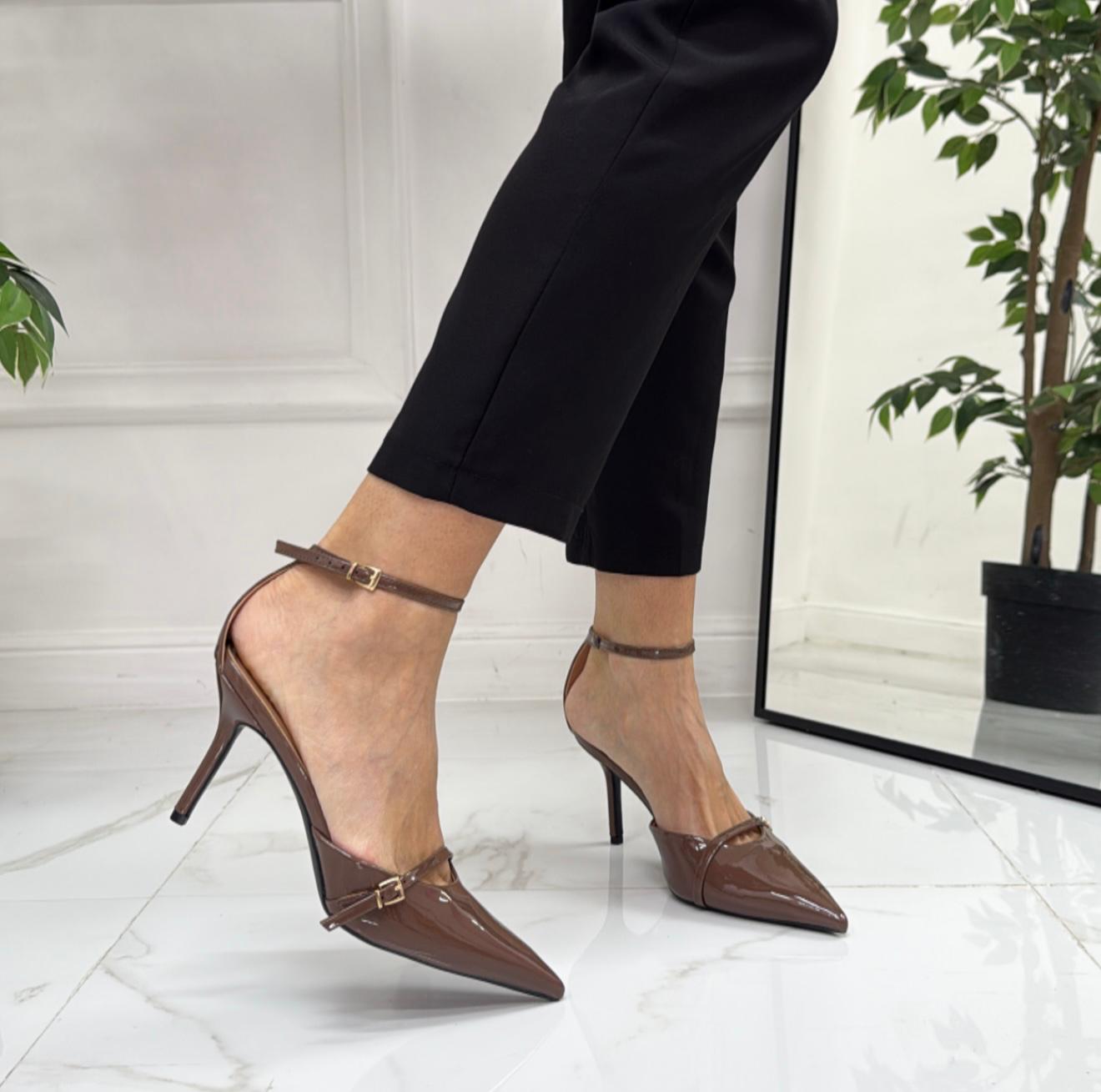 Penelope - Décolleté Donna Cinturino Tacco Spillo Basso Elegante Marrone