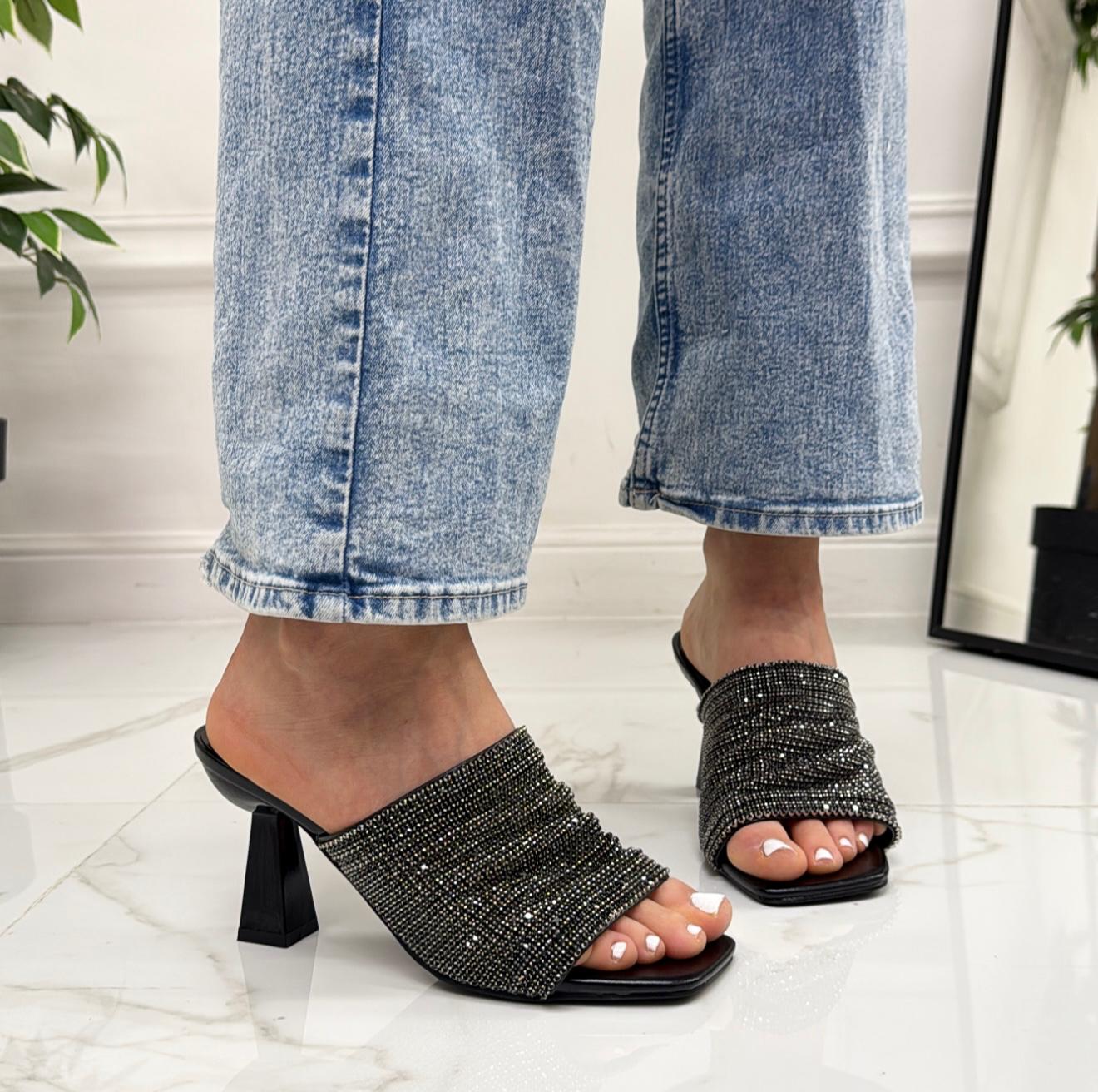 Mia - Sandalo Donna Scarpa Tacco Punta Strass Nero