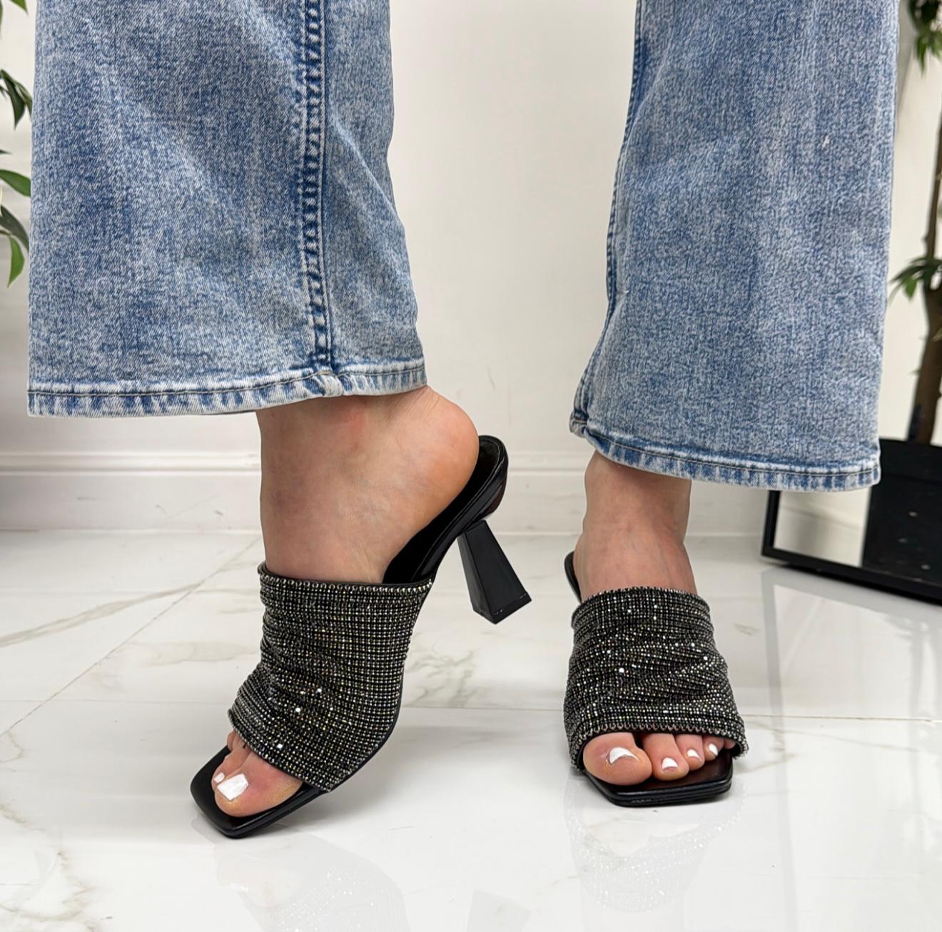 Mia - Sandalo Donna Scarpa Tacco Punta Strass Nero