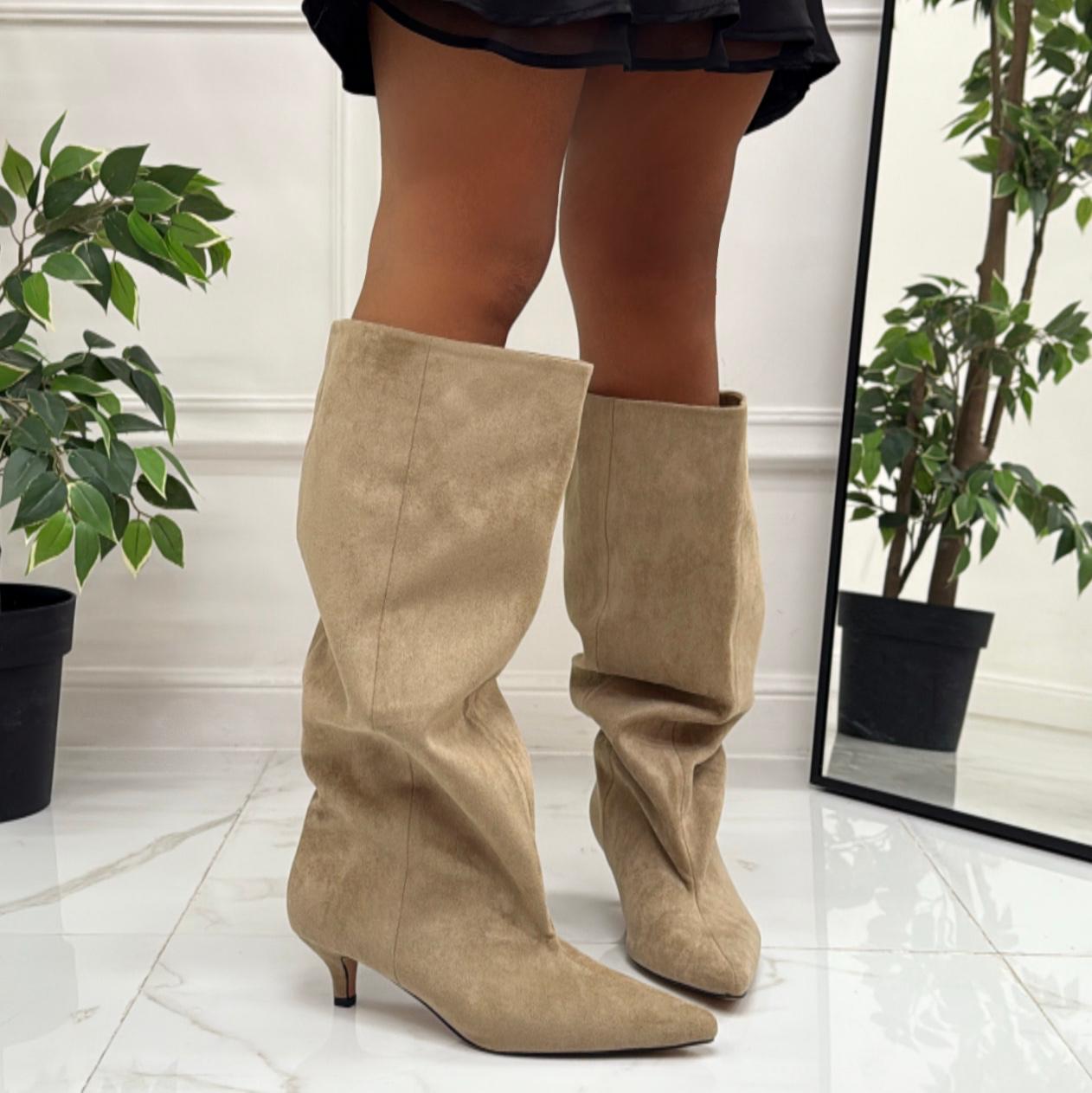 Delphine - Stivale Donna Alto Tacco Punta Casual Elegante Beige
