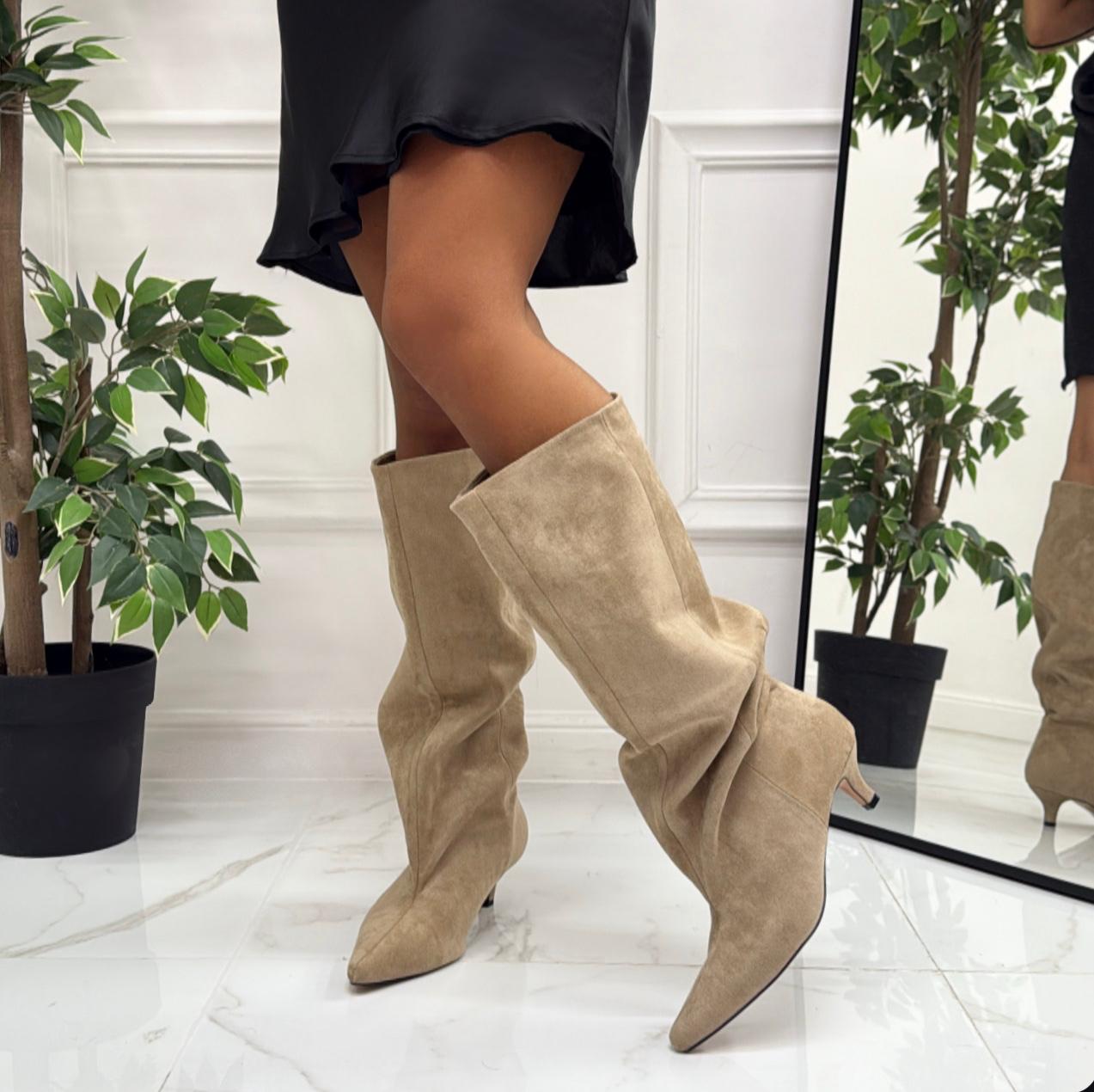 Delphine - Stivale Donna Alto Tacco Punta Casual Elegante Beige
