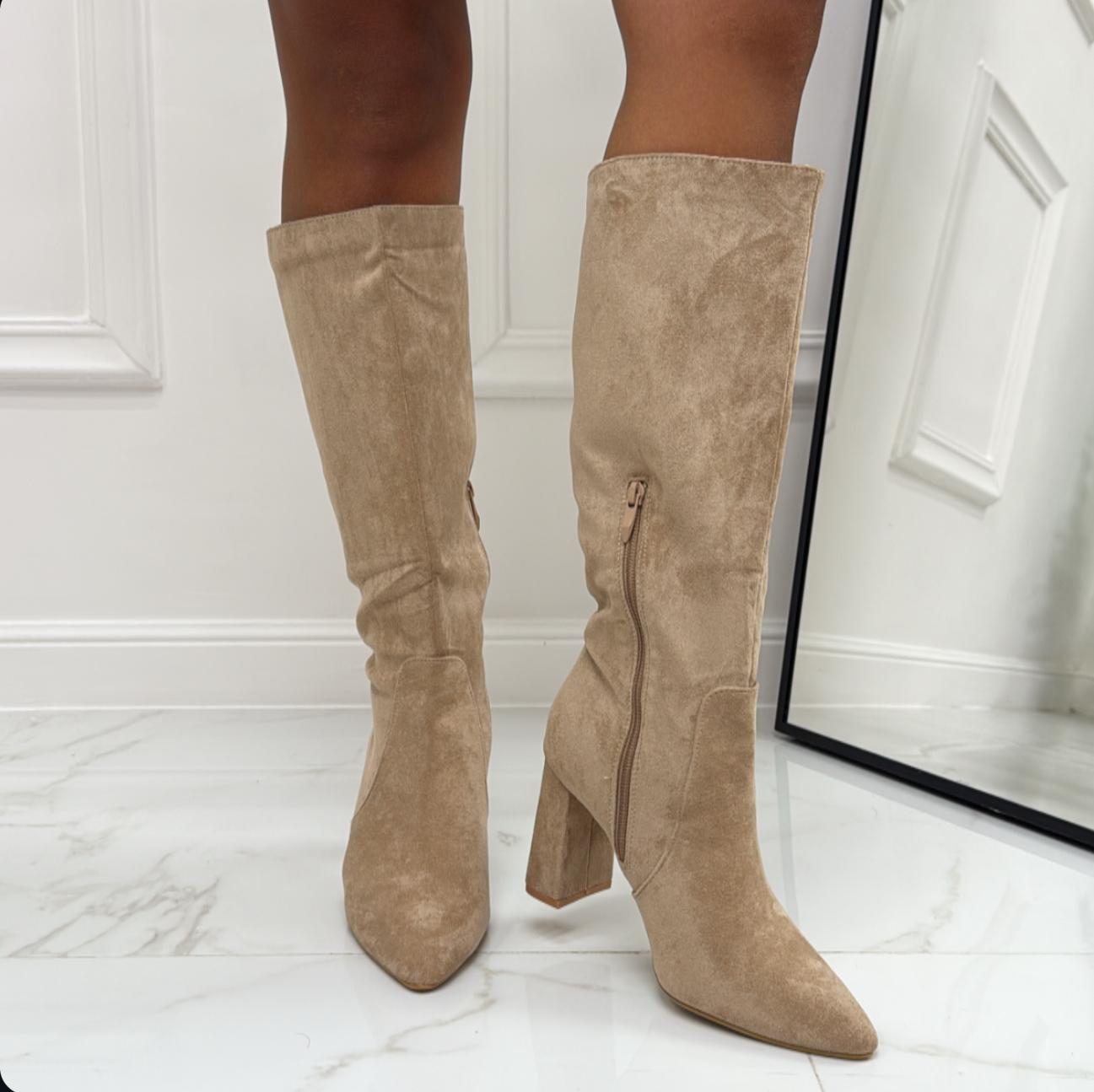 Maika - Stivali Donna Tacco Quadrato Alto Punta Beige