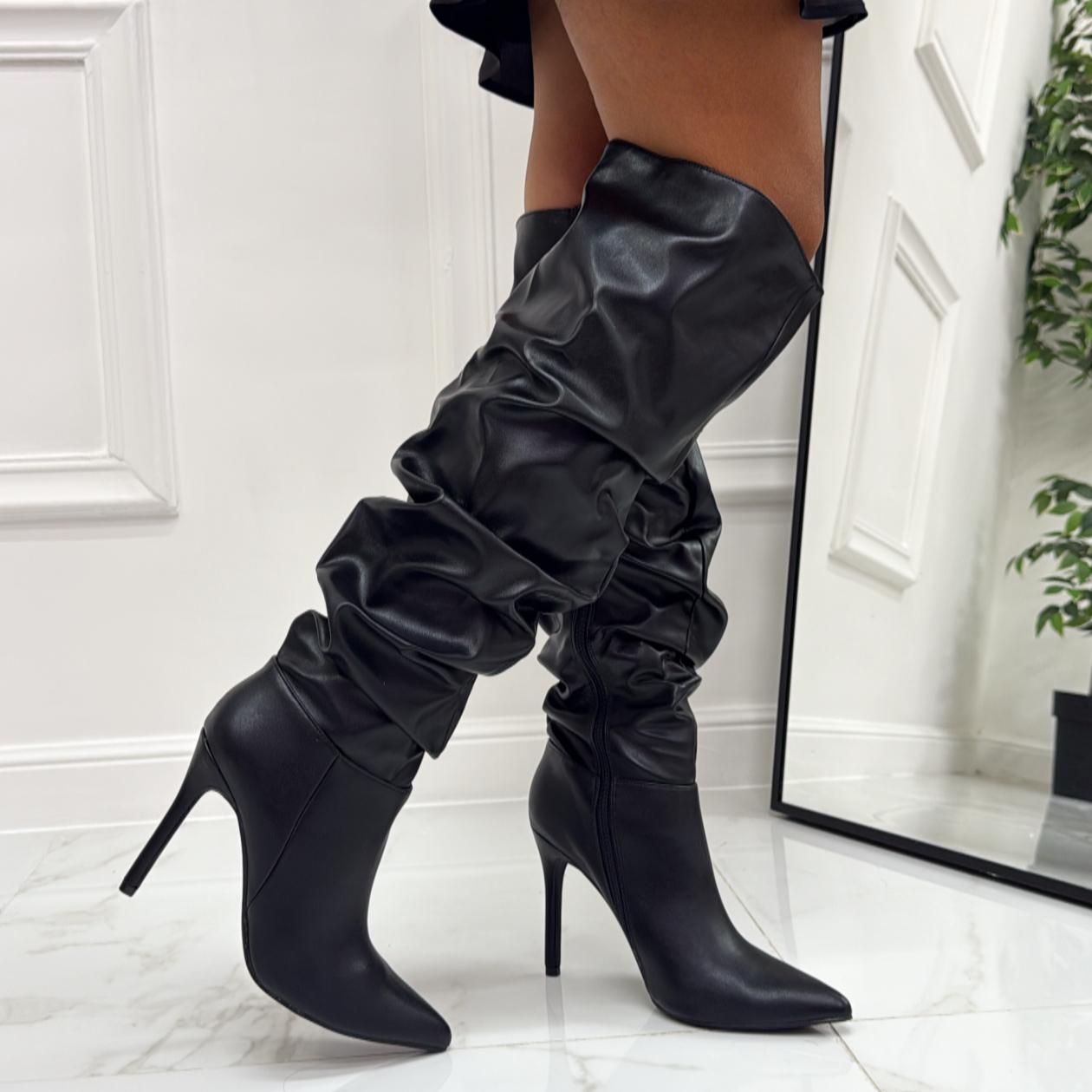Nora - Stivale Donna Alto Punta Cerniera Tacco Spillo Elegante Nero
