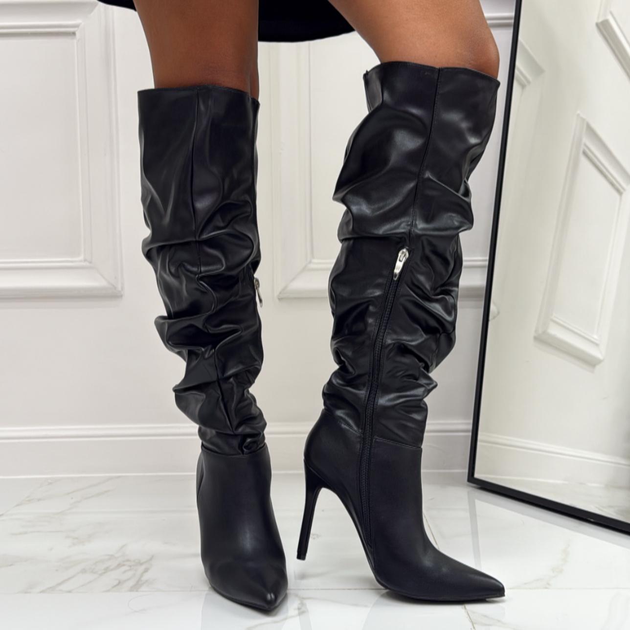 Nora - Stivale Donna Alto Punta Cerniera Tacco Spillo Elegante Nero