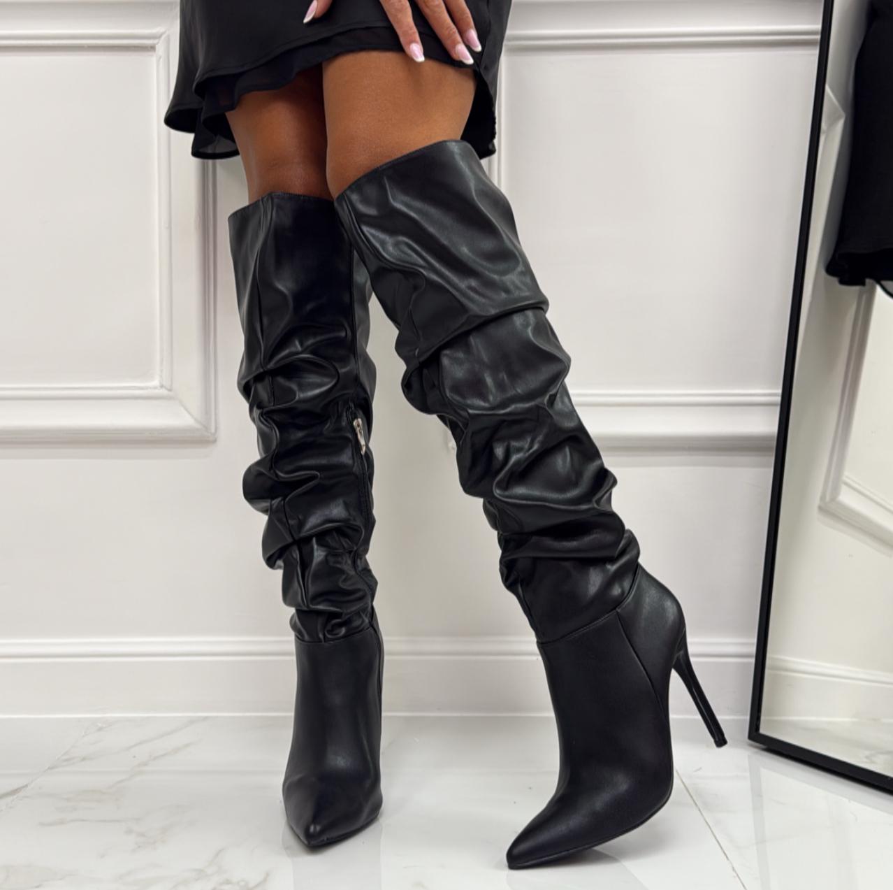 Nora - Stivale Donna Alto Punta Cerniera Tacco Spillo Elegante Nero