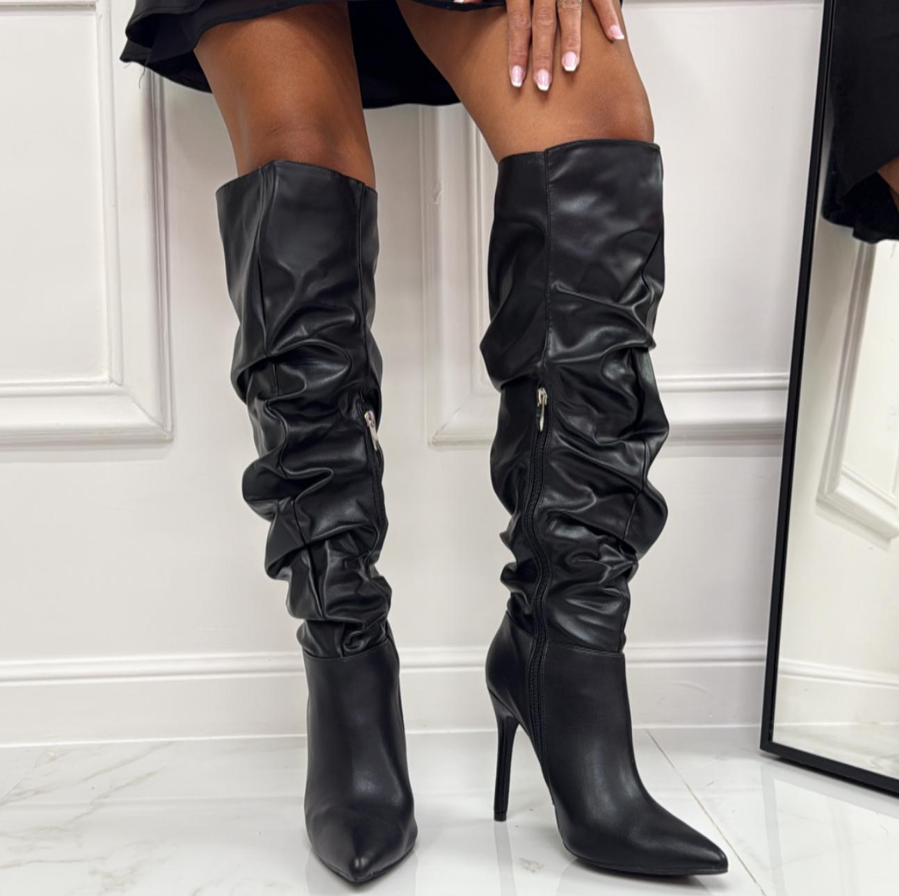 Nora - Stivale Donna Alto Punta Cerniera Tacco Spillo Elegante Nero