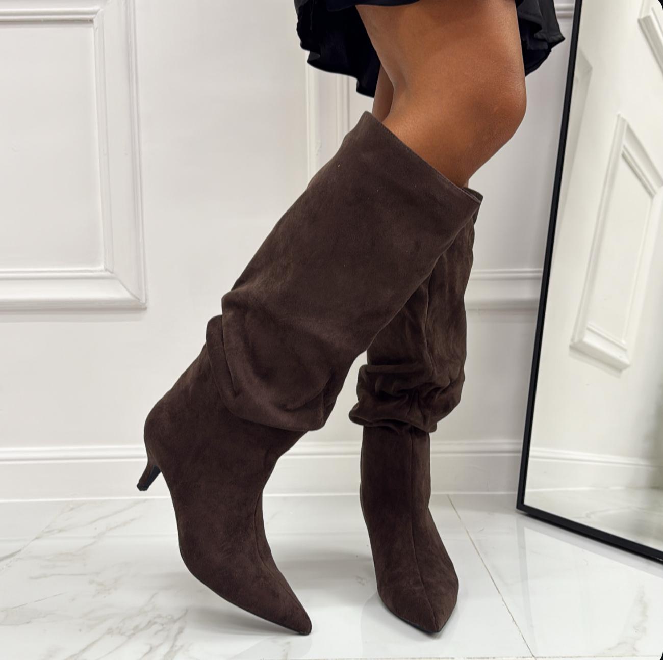 Nayla - Stivale Donna Alto Tacco Punta Casual Elegante Marrone