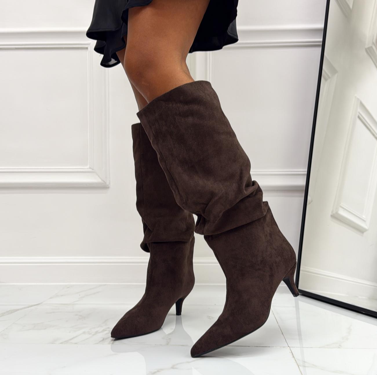 Nayla - Stivale Donna Alto Tacco Punta Casual Elegante Marrone