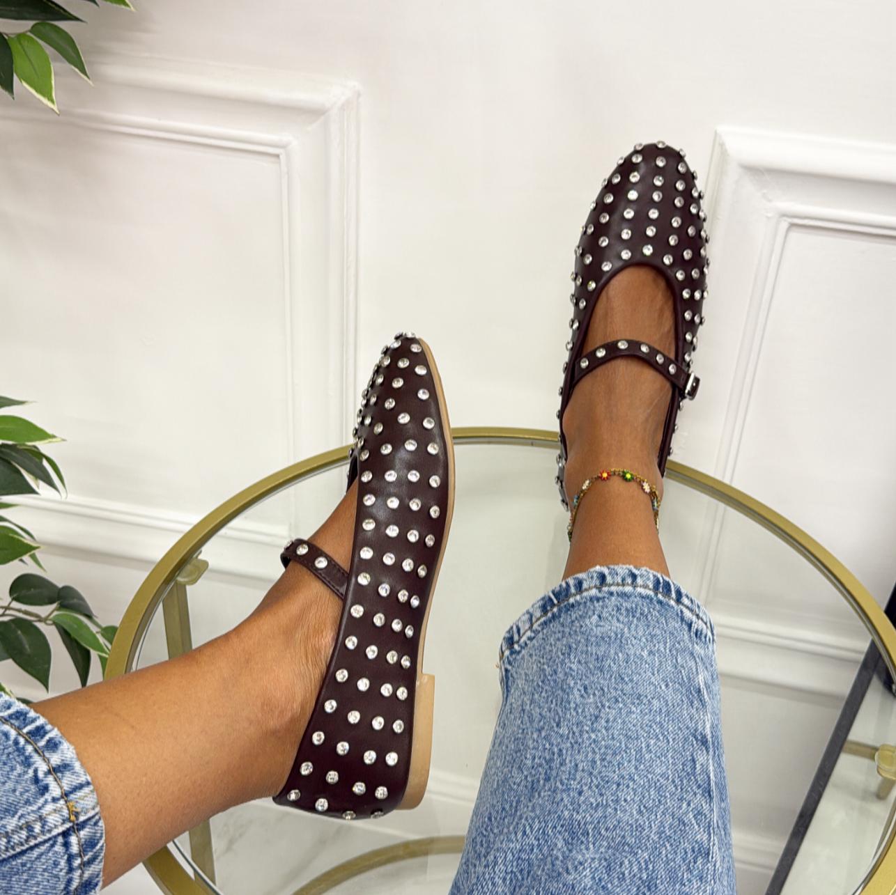 Haven - Scarpe Donna Ballerine Cinturino Borchie Casual Marrone