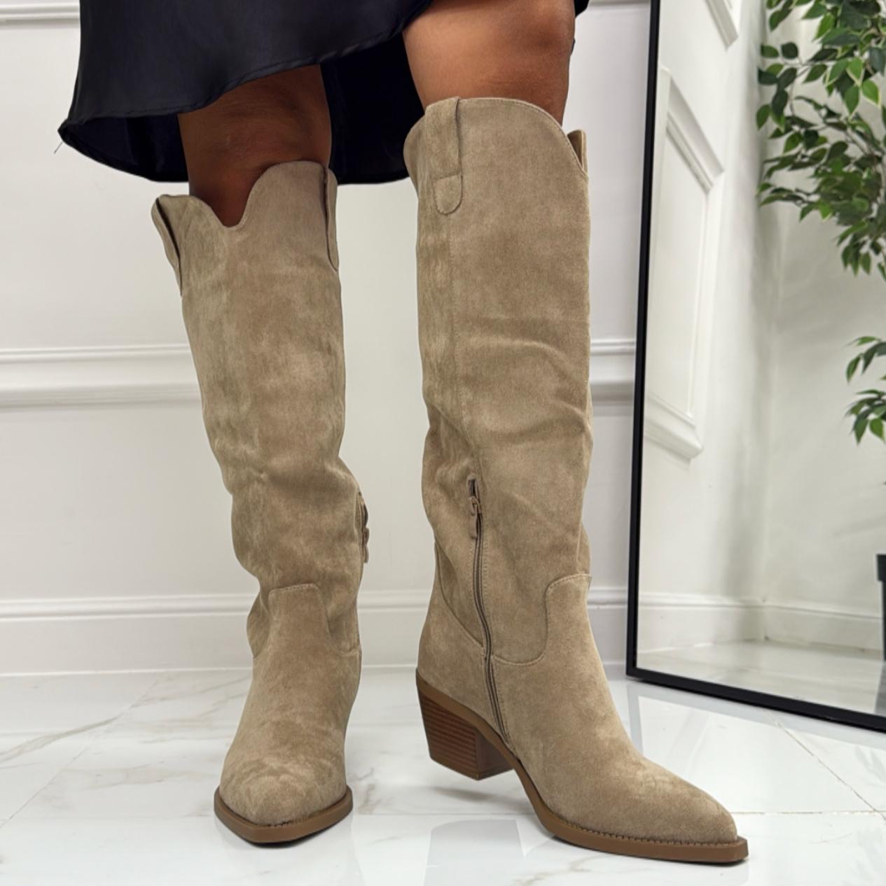 Faby - Stivale Alto Tacco Donna Texano Khaki
