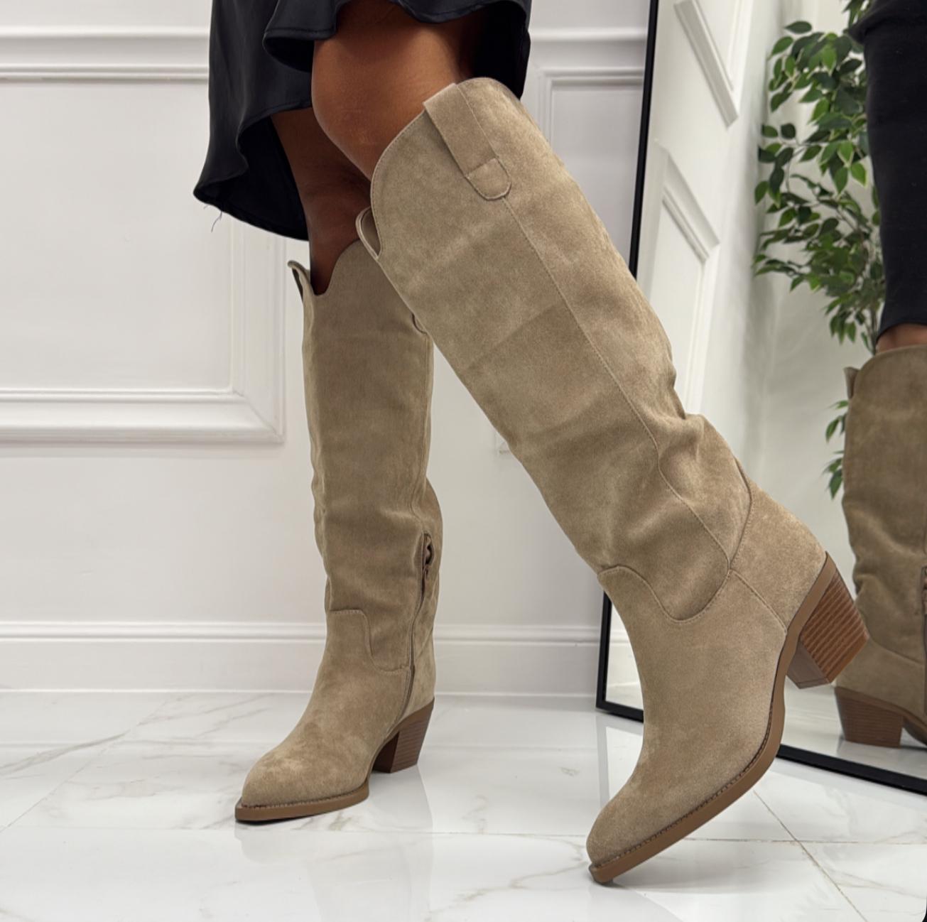 Faby - Stivale Alto Tacco Donna Texano Khaki
