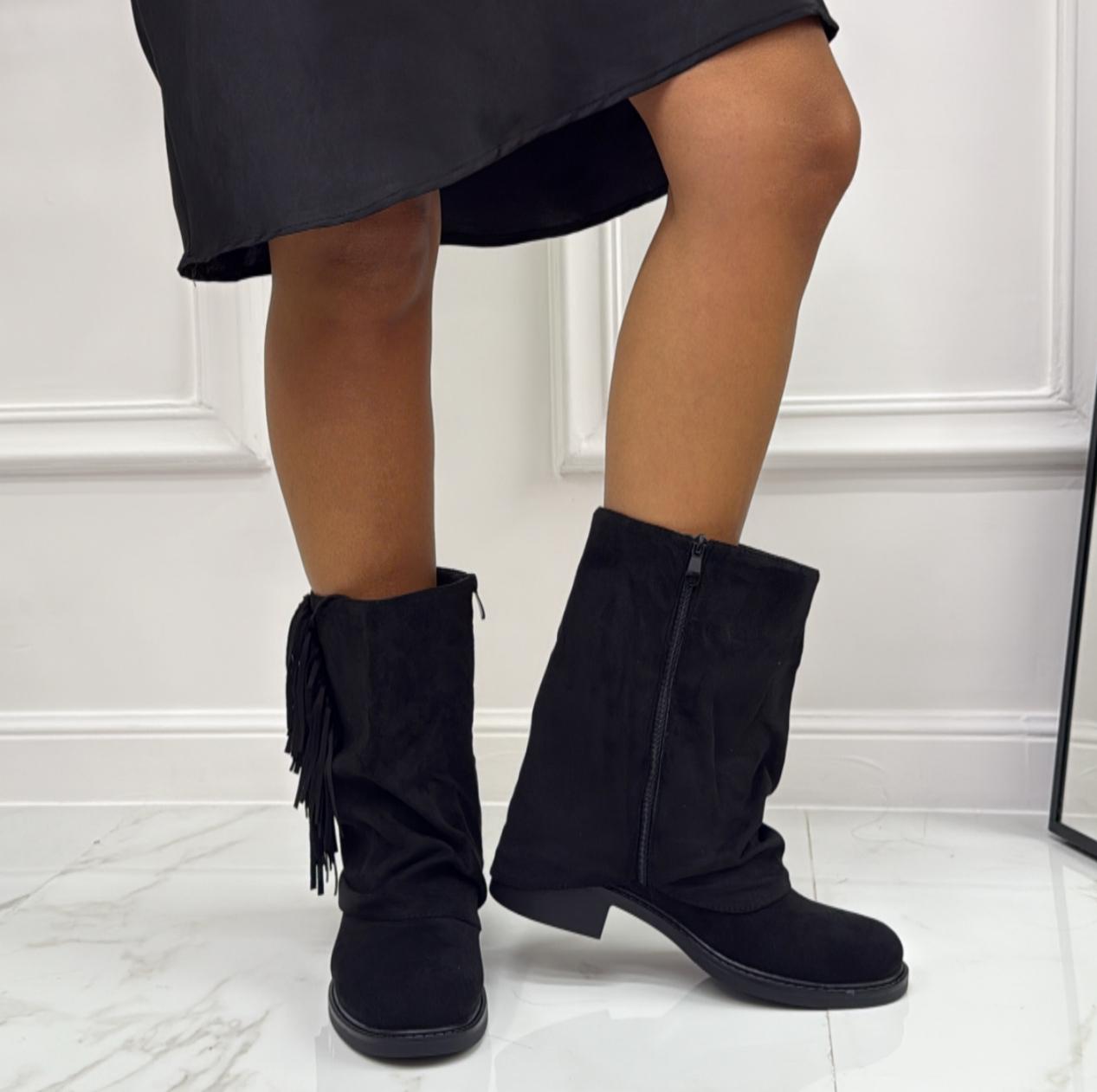 Ely - Stivaletti Donna in Eco Camoscio con Frange Nero
