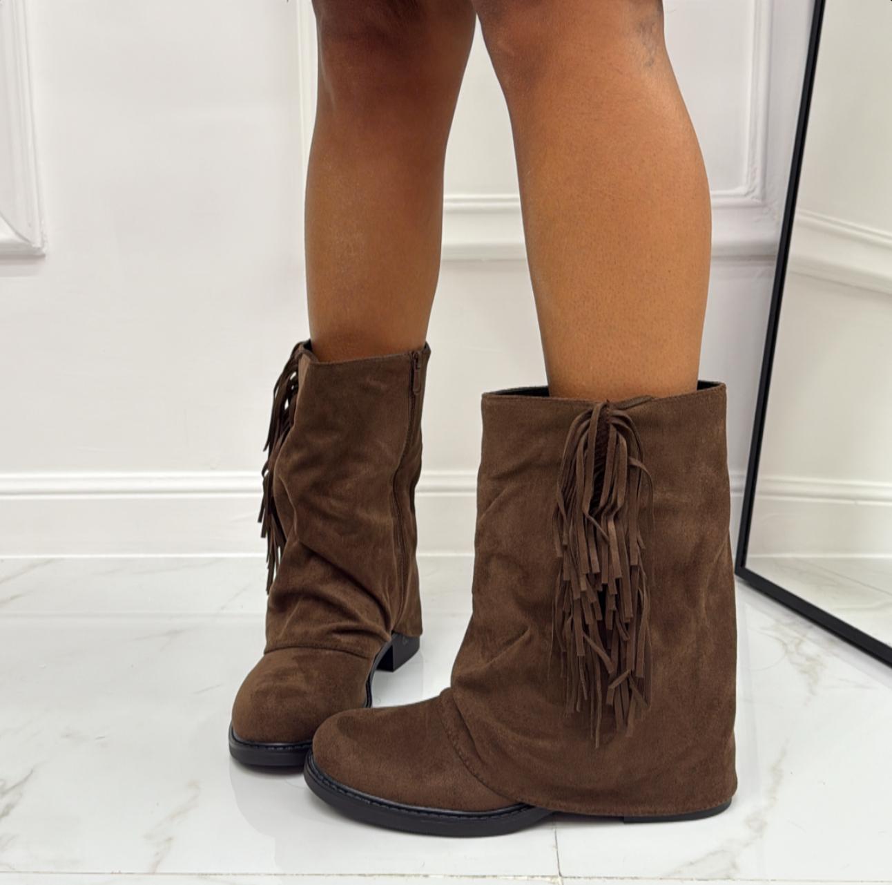 Ely - Stivaletti Donna in Eco Camoscio con Frange Marrone