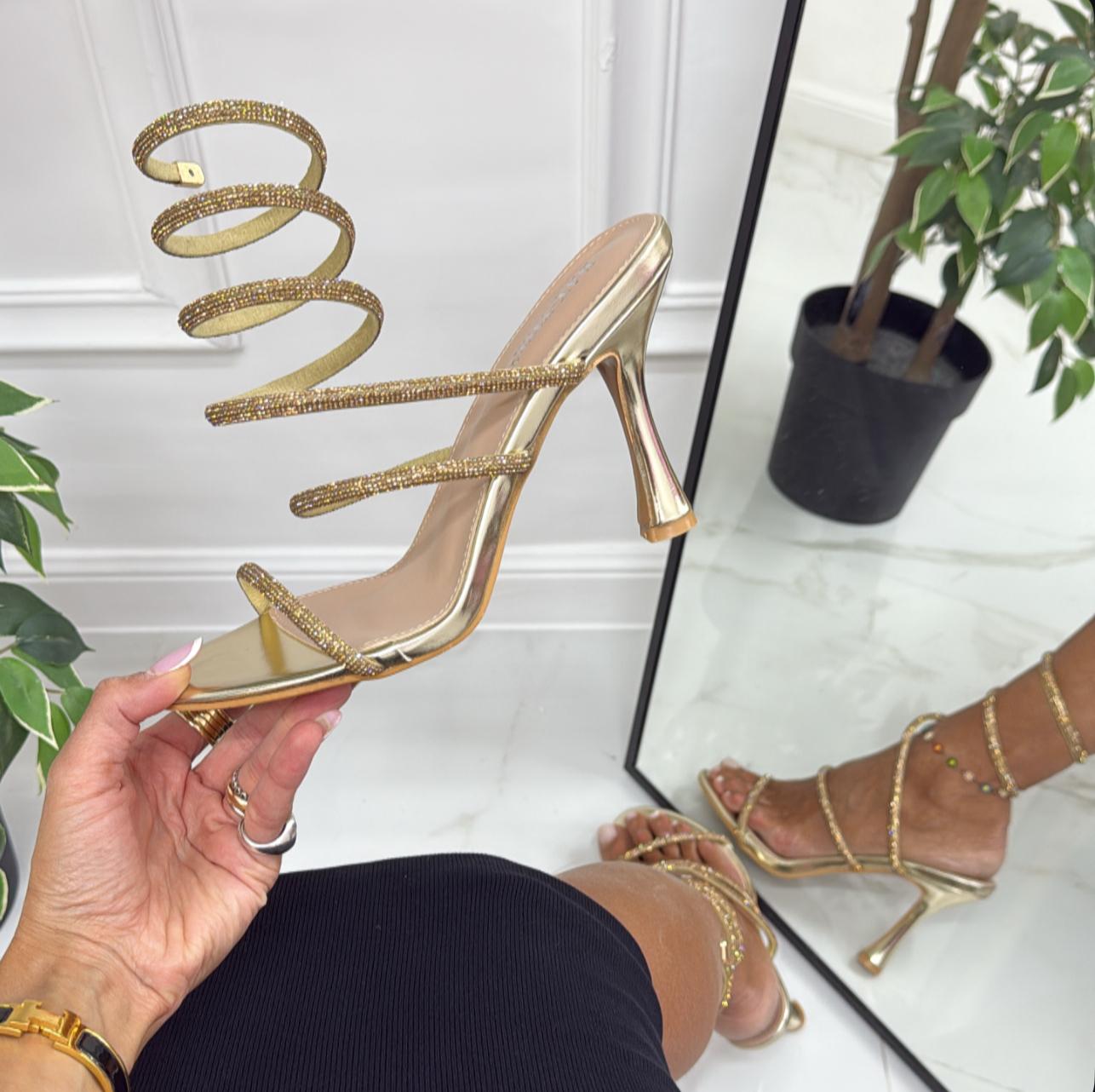 Benny - Sandalo Donna Scarpa Tacco Spillo Punta Strass Oro
