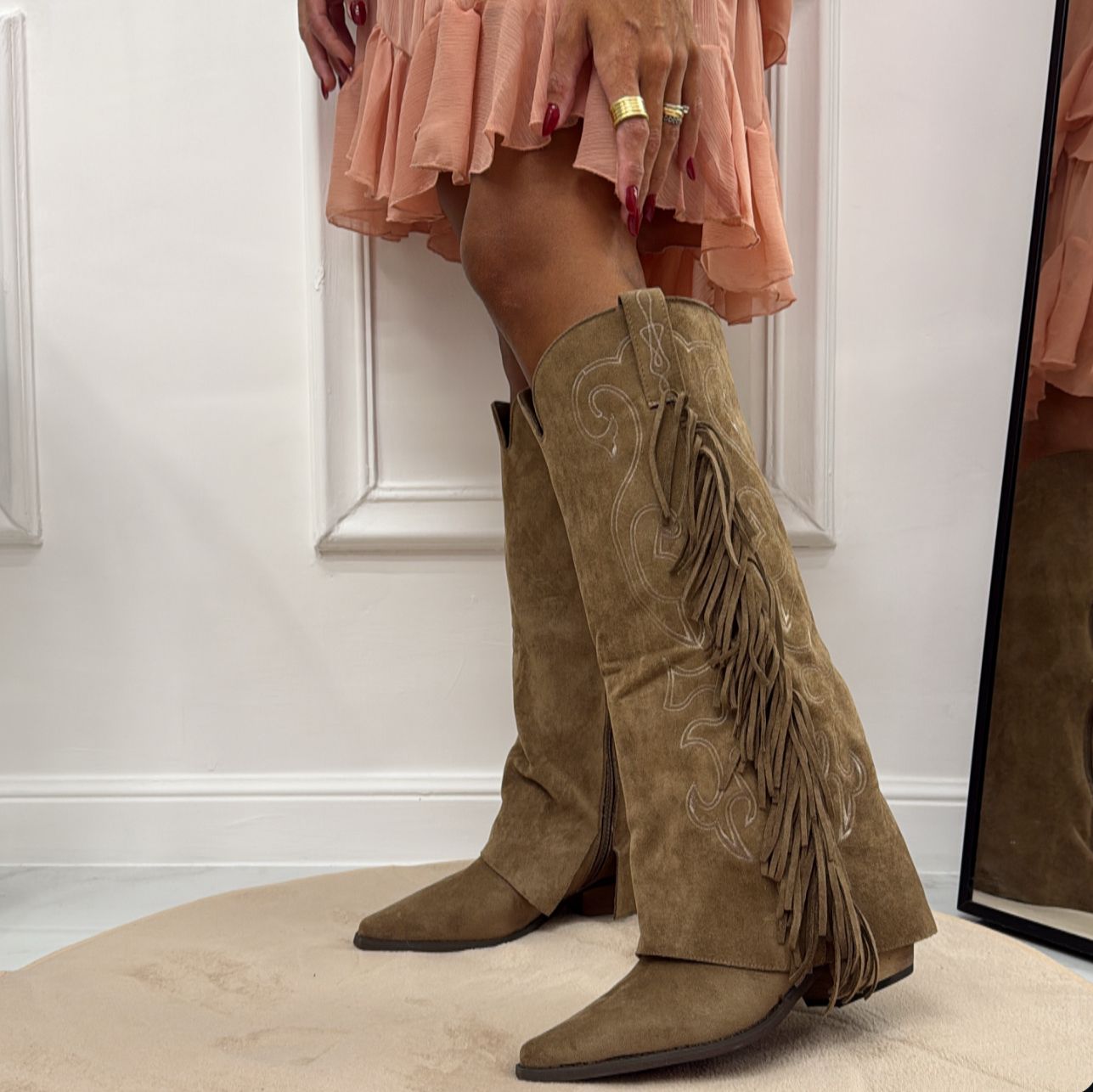 Sky - Stivale Alto Tacco Donna Texano Frange Beige