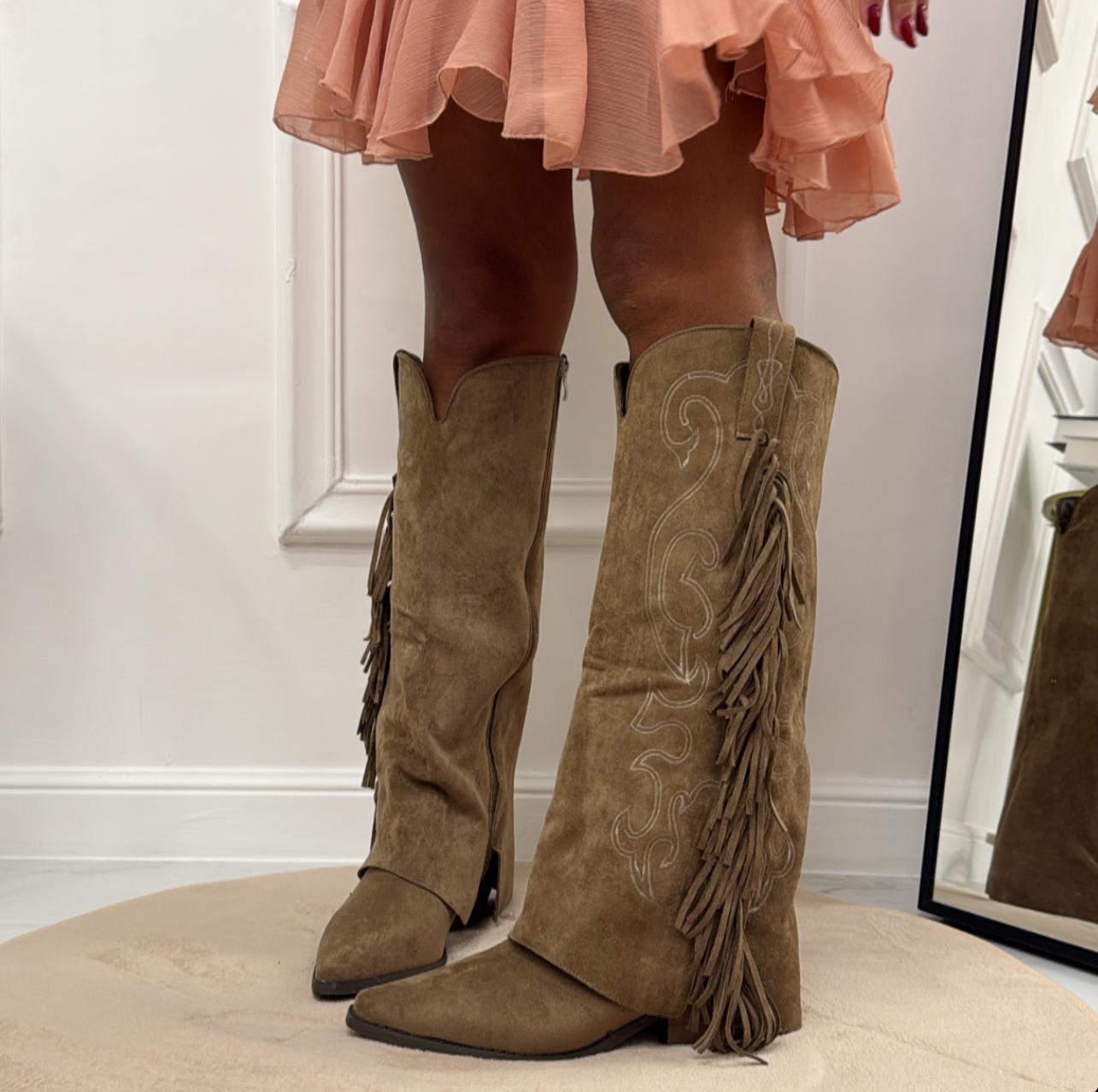 Sky - Stivale Alto Tacco Donna Texano Frange Beige