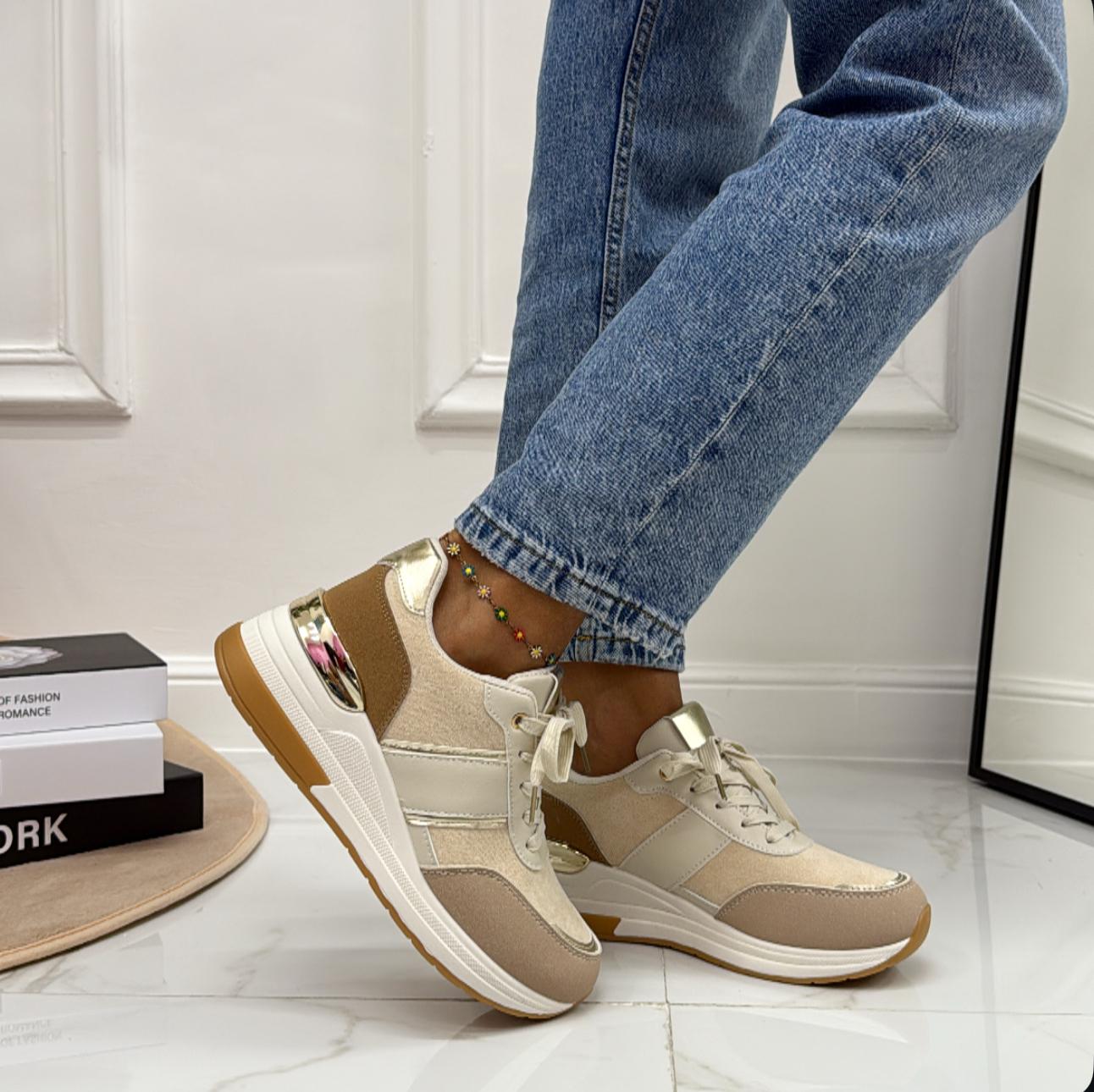 Anastasia - Sneakers Donna Scarpe Ginnastica Lacci Casual Comodo Beige